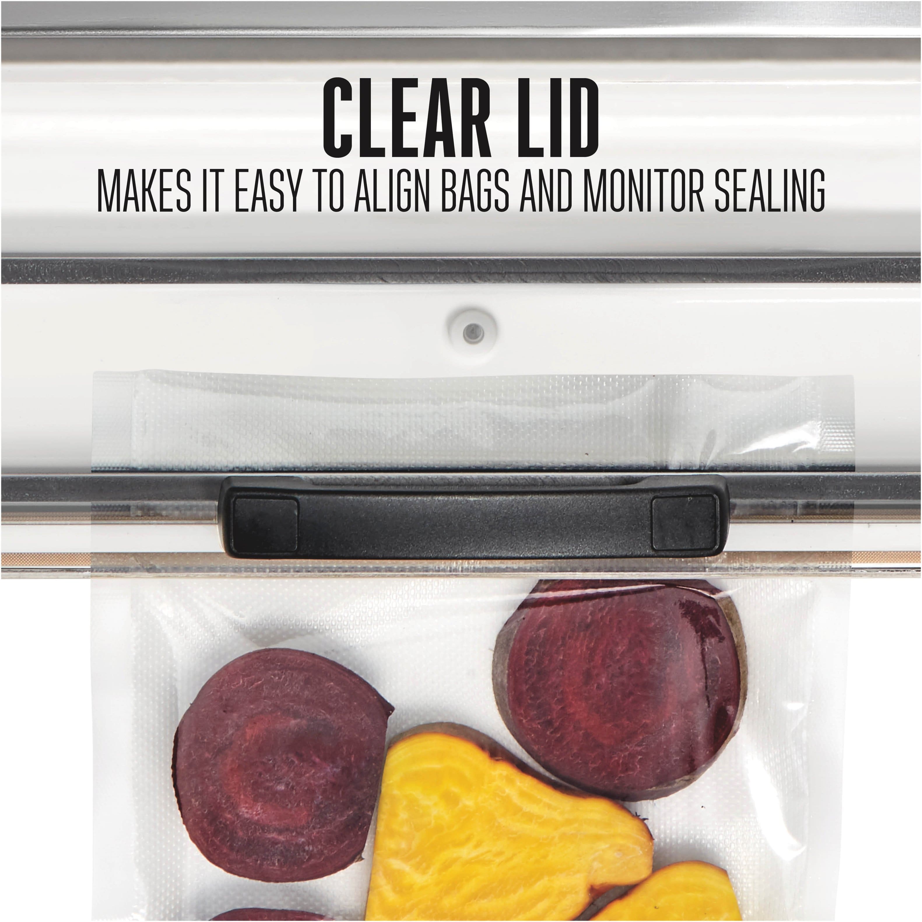 CLEAR LID
MAKES IT EASY TO ALIGN BAGS AND MONITOR SEALING