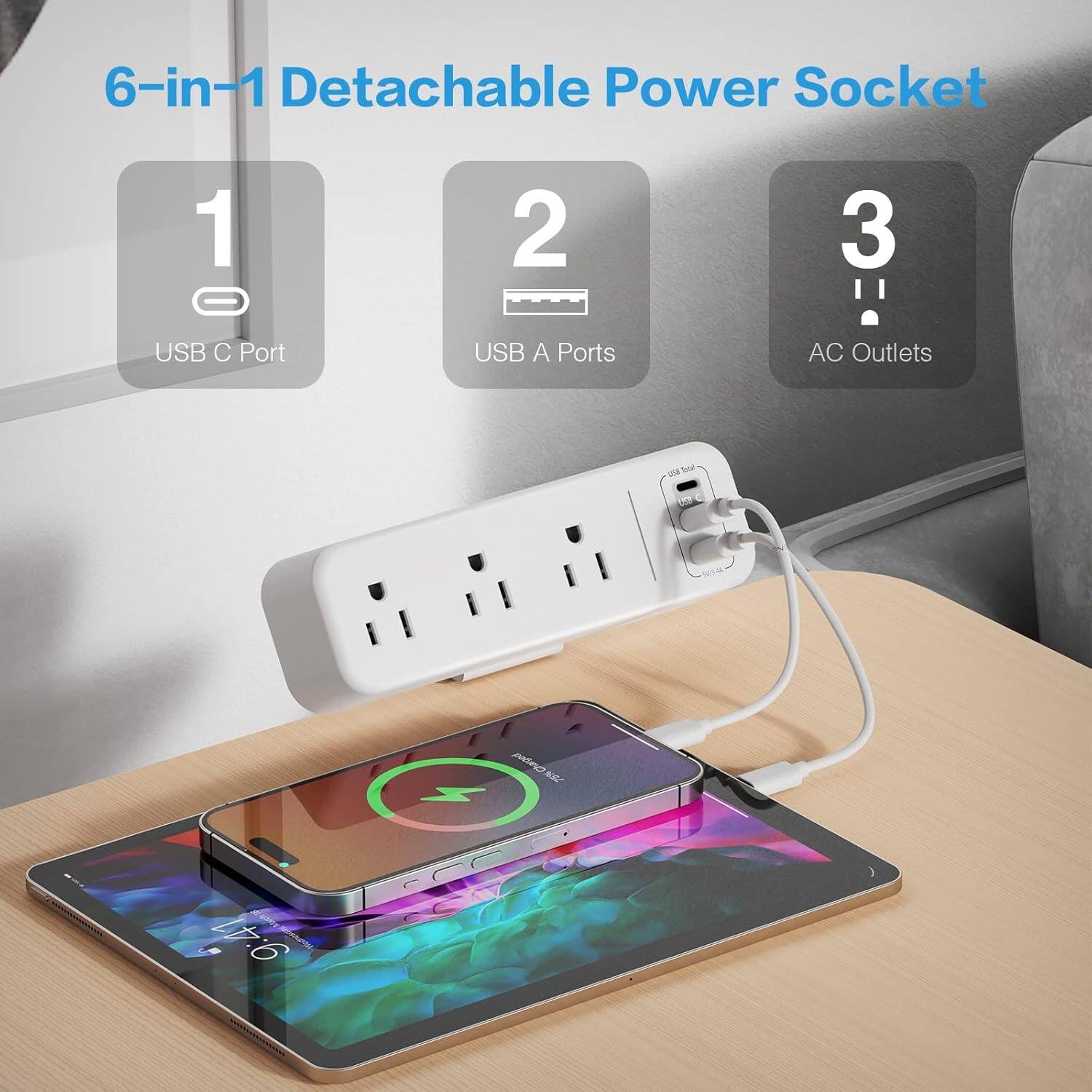 6-in-1 Detachable Power Socket, 1 USB C Port, 2 USB A Ports, 3 AC Outlets