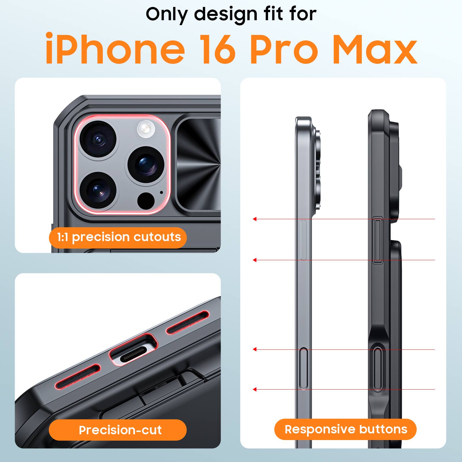 Only design fit for iPhone 16 Pro Max

1:1 precision cutouts

Precision-cut

Responsive buttons