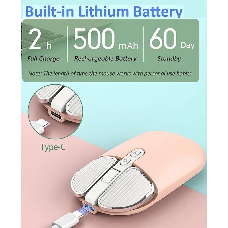 Built-in Lithium Battery  
2 h Full Charge  
500 mAh Rechargeable Battery  
60 Day Standby  

Note: The length of time the mouse works with personal use habits.  

Type-C