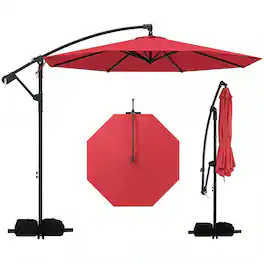 Costway - 10 FT Offset Hanging Umbrella with Base Patio Cantilever Umbrella 360° Rotation - Red