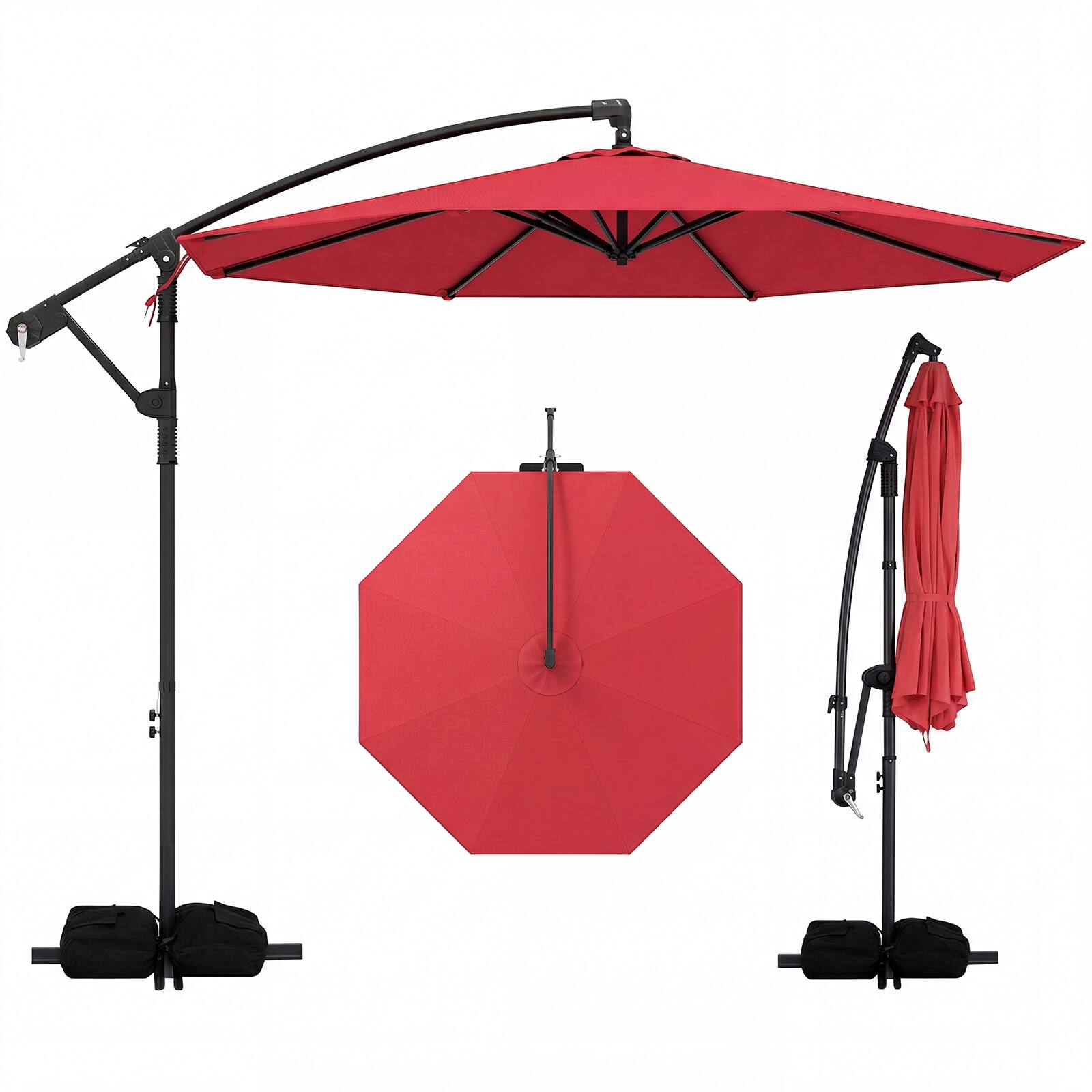 Front. Costway - Costway 10 FT Offset Hanging Umbrella with Base Patio Cantilever Umbrella 360° Rotation - Red.