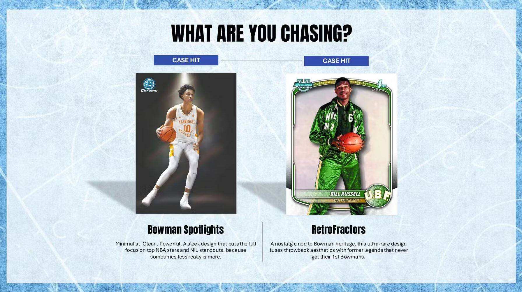 WHAT ARE YOU CHASING?

CASE HIT

Bowman Spotlights

Minimalist. Clean. Powerful. A sleek design that puts the full focus on top NBA stars and NIL standouts. Because sometimes less really is more.

CASE HIT

RetroFractors

A nostalgic nod to Bowman heritage, this ultra-rare design fuses throwback aesthetics with former legends that never got their 1st Bowmans.