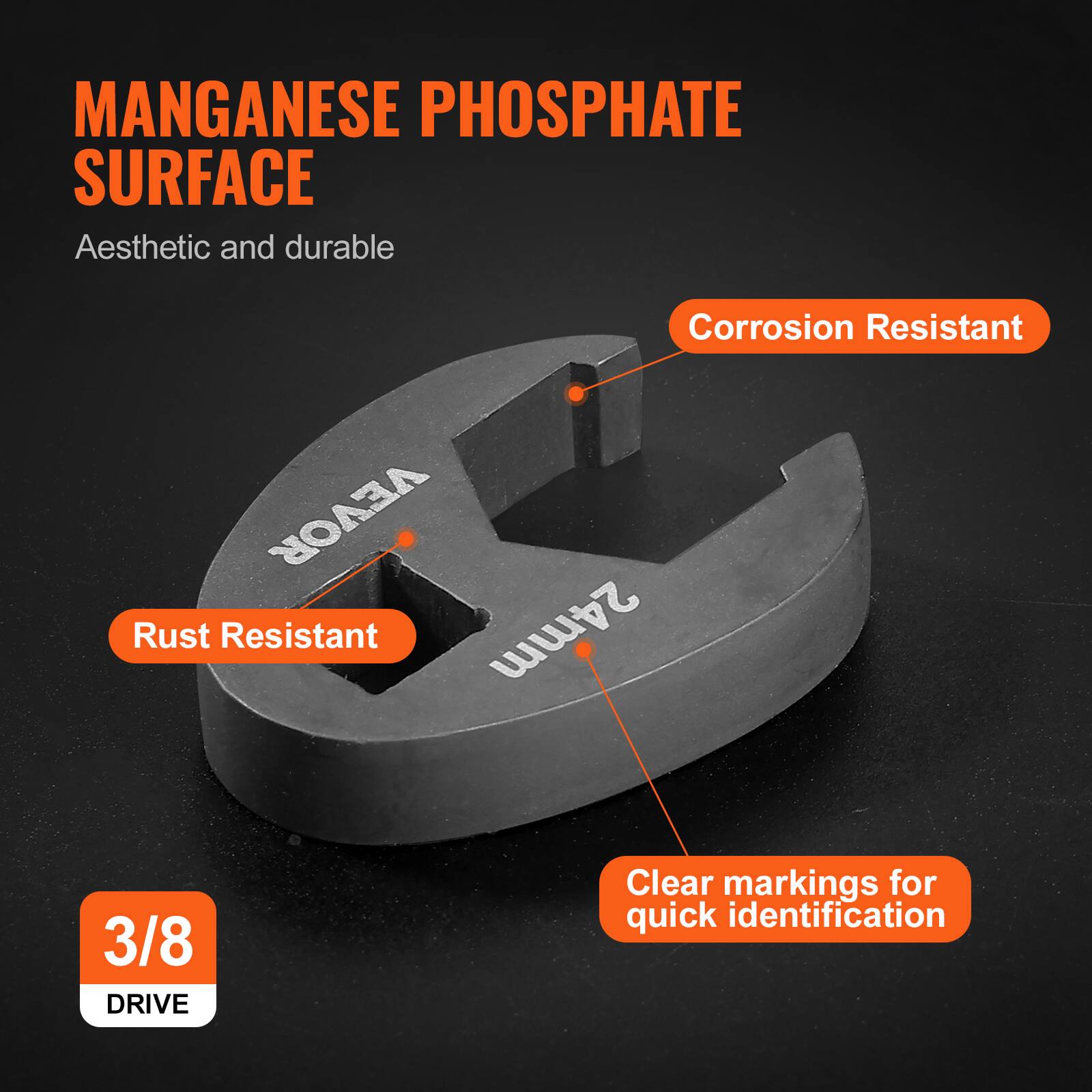 MANGANESE PHOSPHATE SURFACE  
Aesthetic and durable  

Corrosion Resistant  
Rust Resistant  
Clear markings for quick identification  

3/8 DRIVE