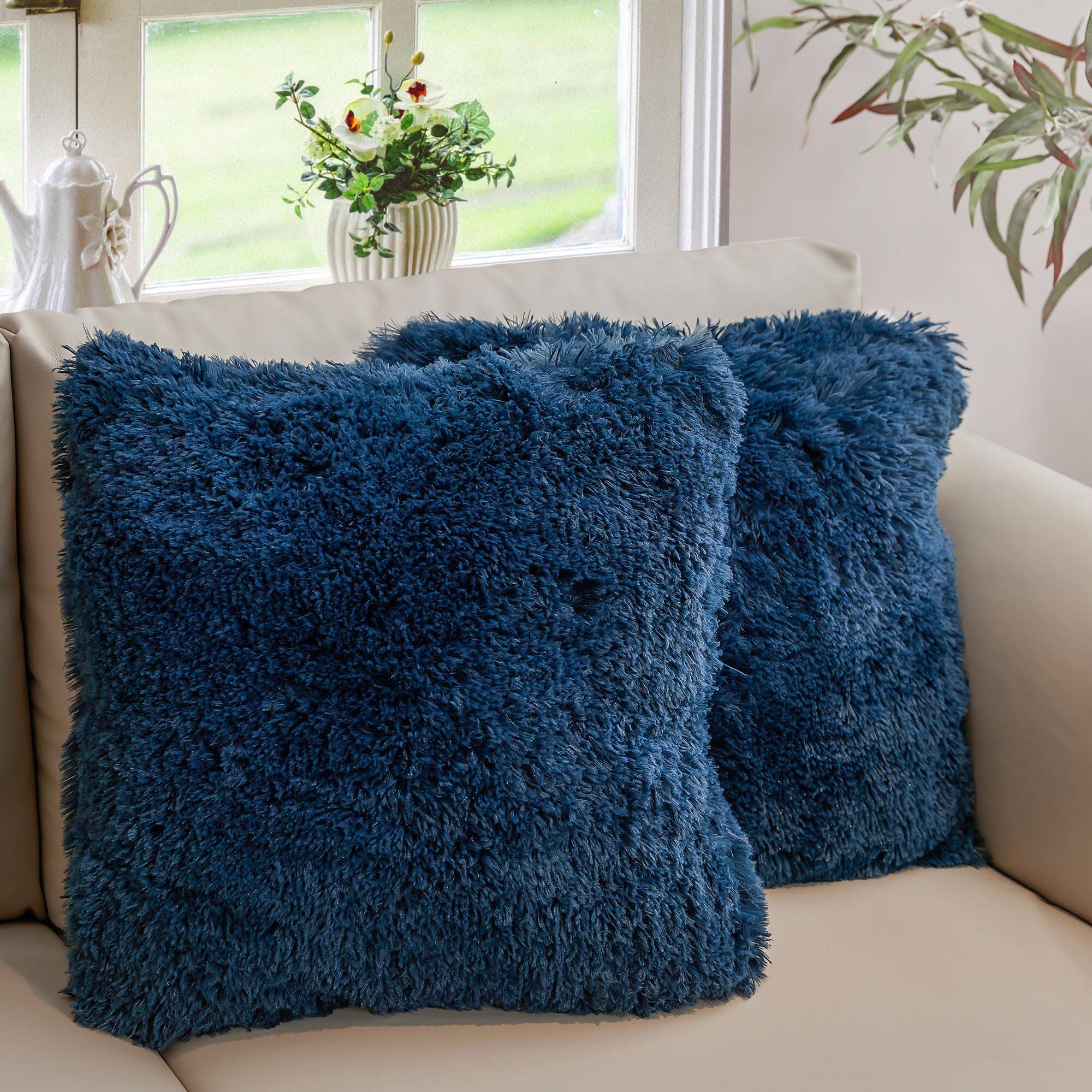 Front. Cheer Collection - Shaggy Faux Fur Throw Pillows with Inserts Included - Soft, Long Hair Cozy Accent Pillows for Couch or Bed, Set of 2 - Navy Blue.