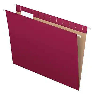 Front. Pendaflex - Recycled Hanging File Folders, 1/5 Tab, Letter Size, 25/Box - Burgundy.