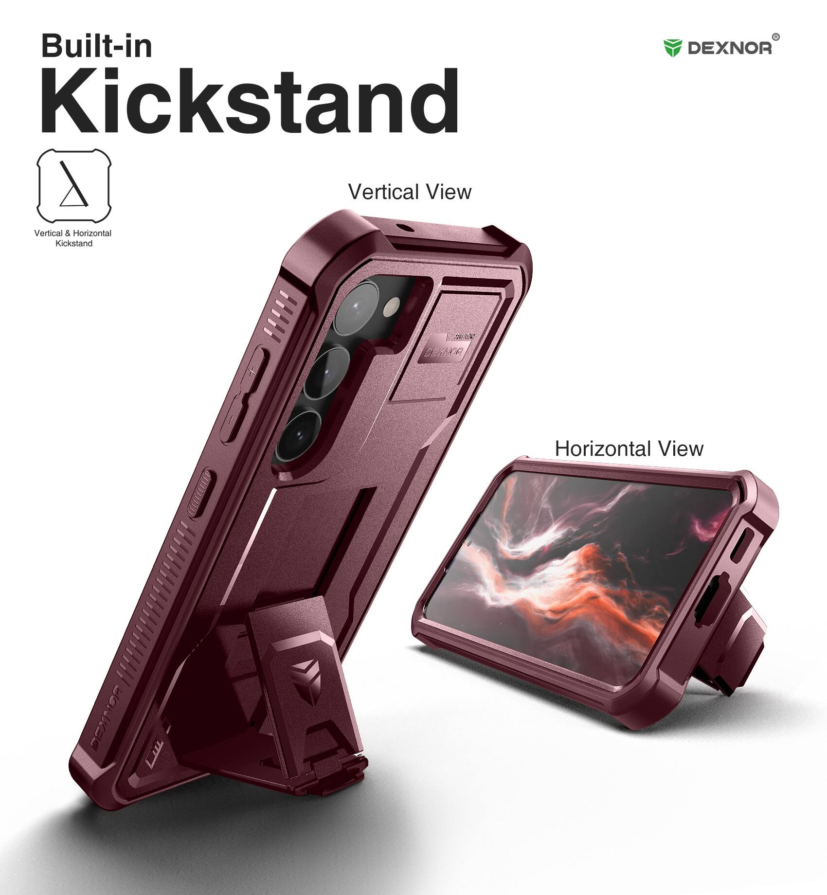 Built-in Kickstand, Vertical View, Vertical & Horizontal Kickstand, DEXNOR, Horizontal View