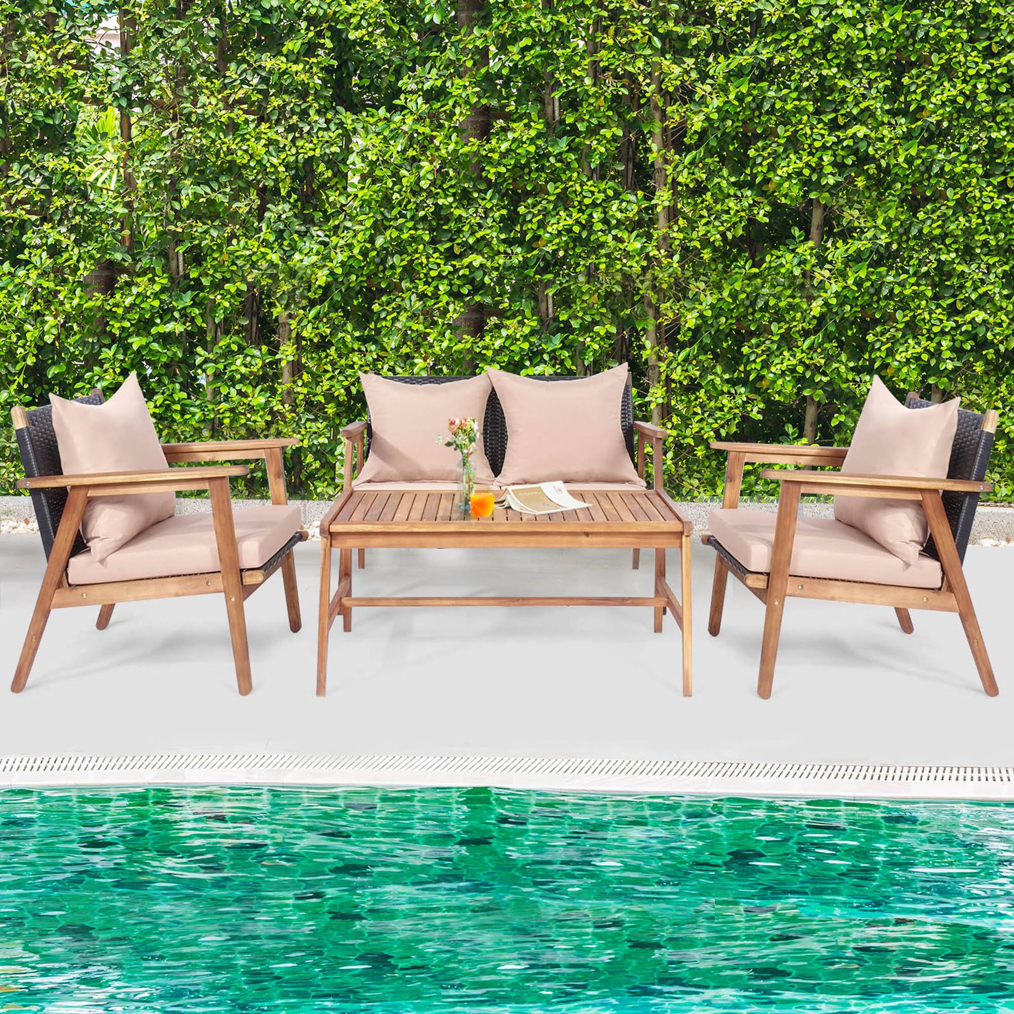 Alt View 8. Gymax - Gymax 4PCS Outdoor Furniture Set Patio Conversation Set  w/ Wood Frame Cushion - Beige.