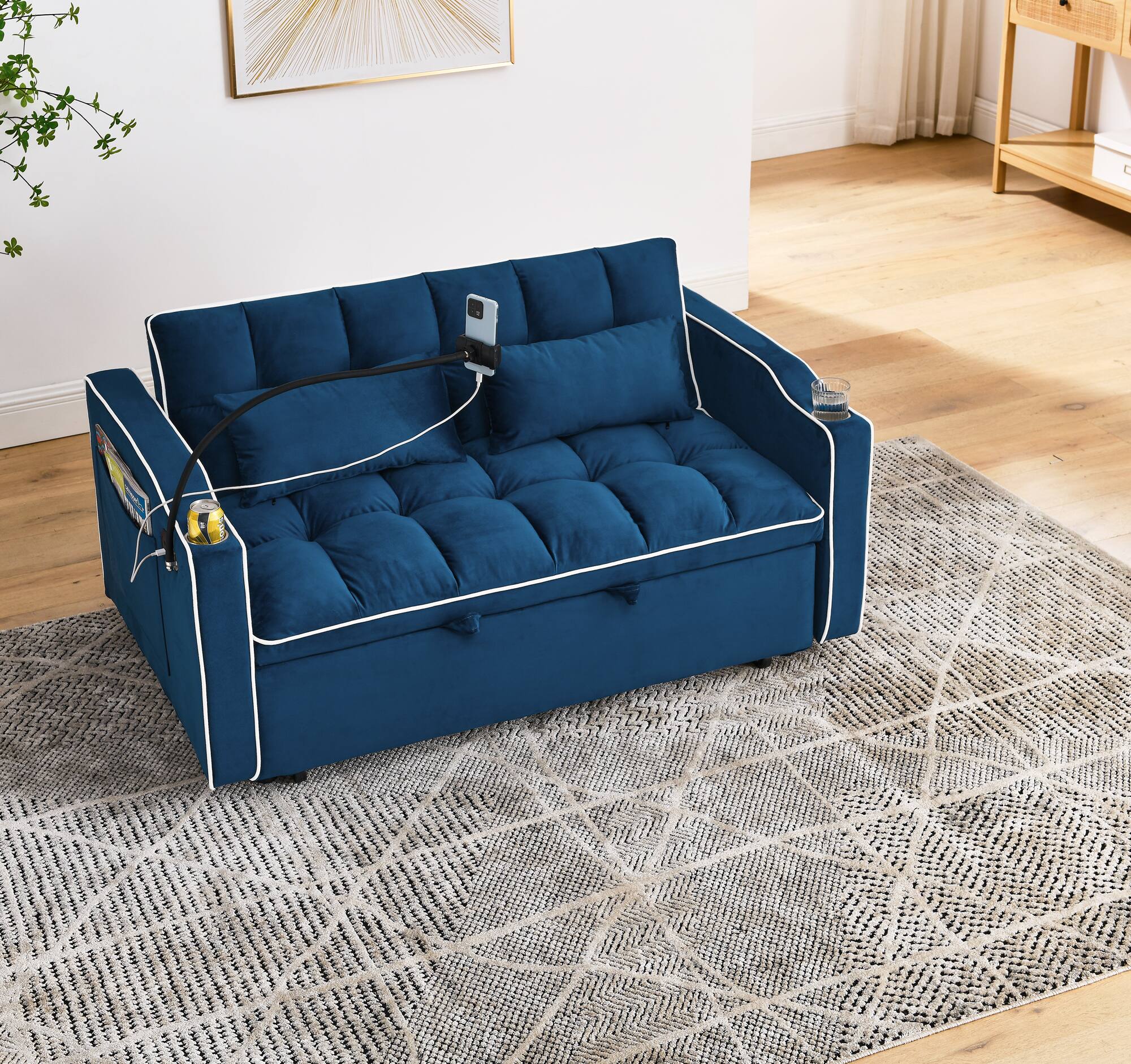 Left. Tiramisubest - Modern Velvet Versatile Foldable Sofa Bed in 3 Lengths,Adjustable Back w/ USB Port,Ashtray & Swivel Phone Stand (Blue) - Blue.
