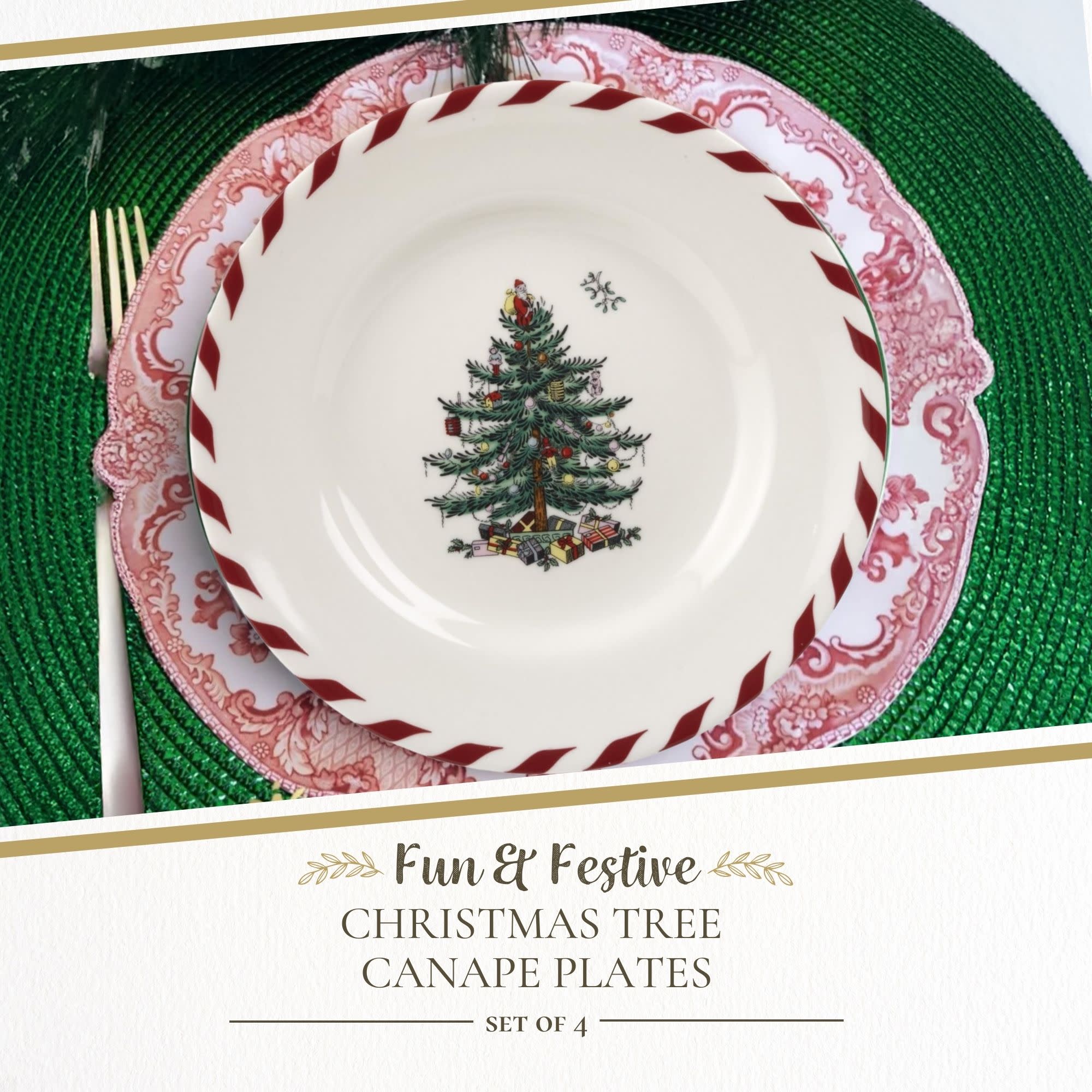 Spode Christmas Tree, 4 Piece Canape Plates Peppermint Multicolored ...