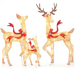 Costway - 3 PCS Large Lighted Christmas Reindeer Family with 440 LED Lights & Bows Buck - Yellow