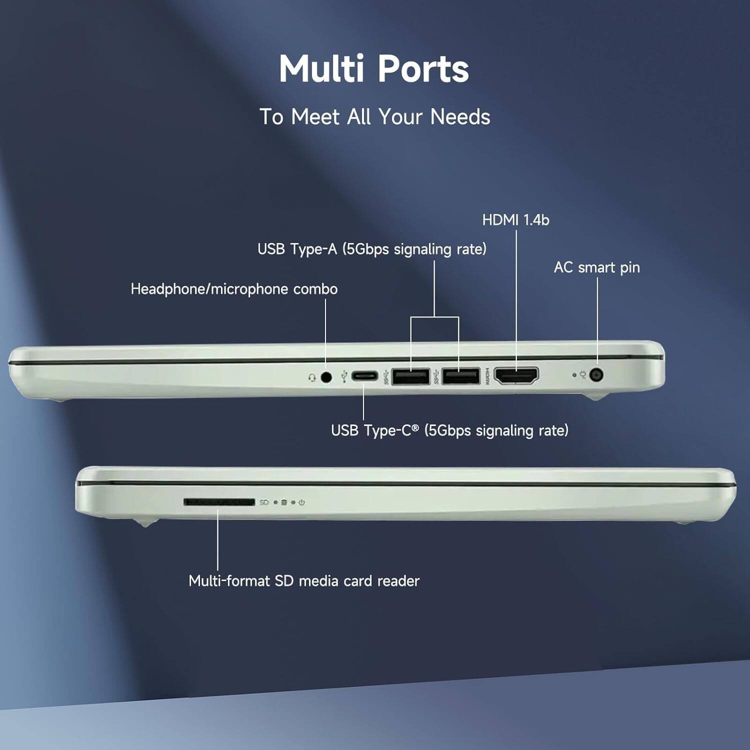 Multi Ports To Meet All Your Needs  
- HDMI 1.4b  
- USB Type-A (5Gbps signaling rate)  
- Headphone/microphone combo  
- AC smart pin  
- USB Type-C (5Gbps signaling rate)  
- Multi-format SD media card reader