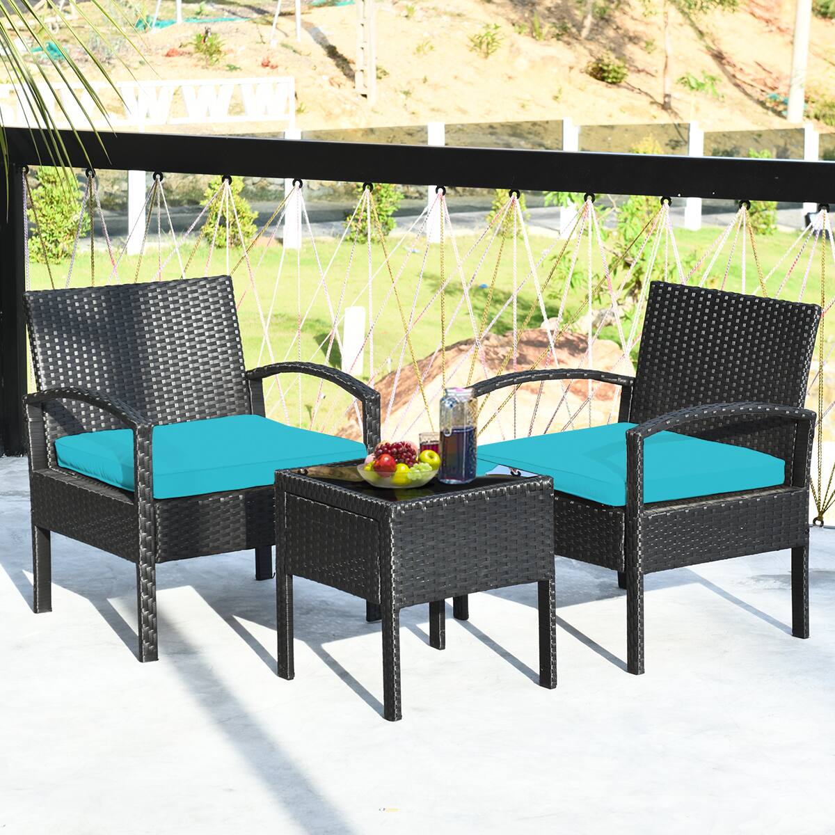 Alt View 3. Costway - Costway Rattan Patio Furniture Set 3 Pieces, Wicker Conversation Set with Tempered Glass Coffee Table - Turquoise.