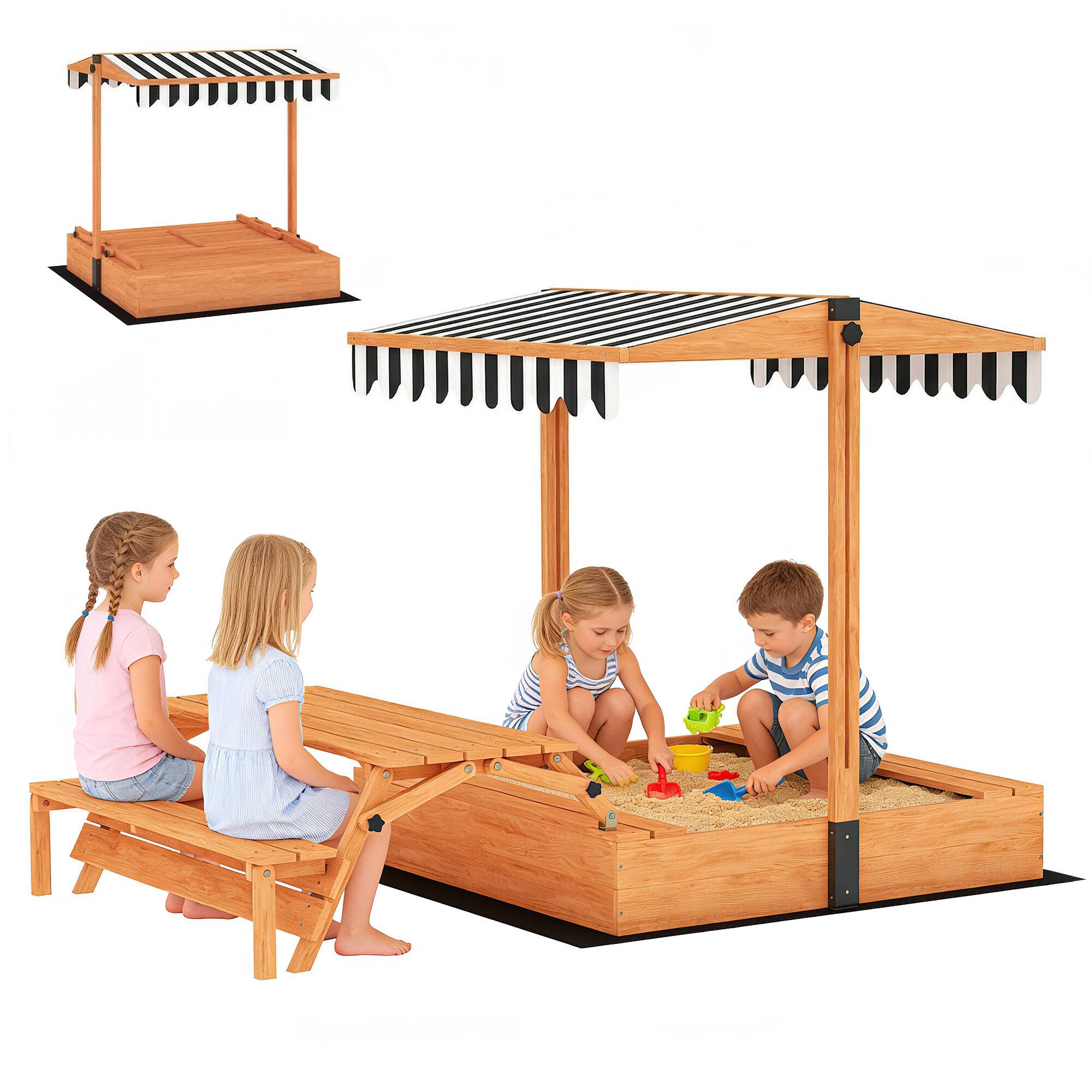 Front. Qaba - Sandbox with Lid, Wooden Sand Pit with Canopy, Foldable Picnic Table, Bench Seats, Bottom Liner - Brown.