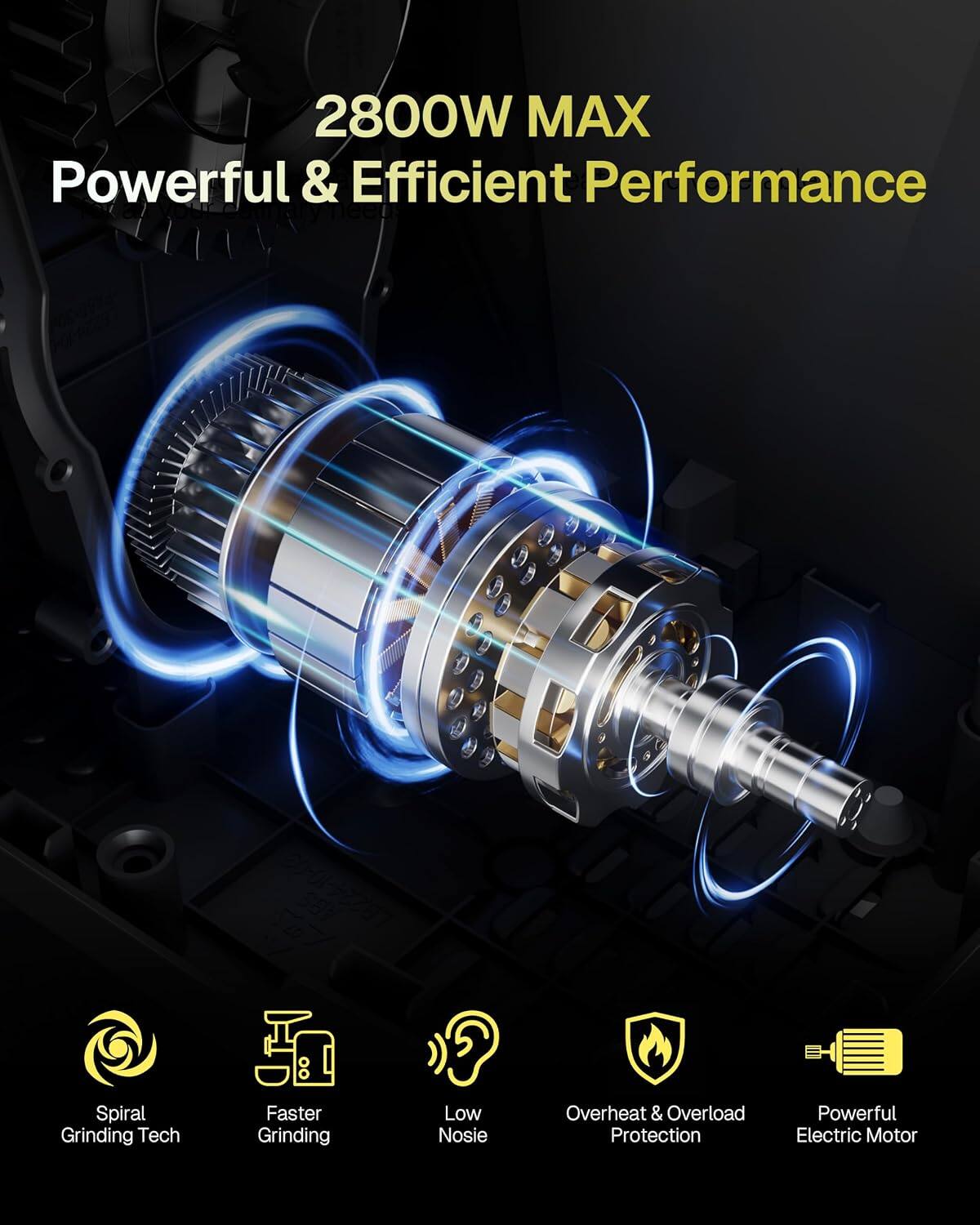 2800W MAX Powerful & Efficient Performance

- Spiral Grinding Tech
- Faster Grinding
- Low Noise
- Overheat & Overload Protection
- Powerful Electric Motor