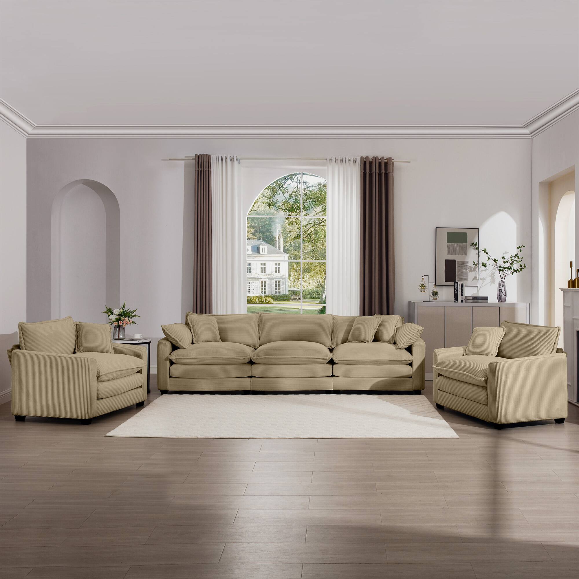 Left. LOVMOR - 3 Seater Corduroy Sofa Set Easy Assembly Memory Foam For Living Room Bedroom Home Theater Soft Textured Lounge - Tan.