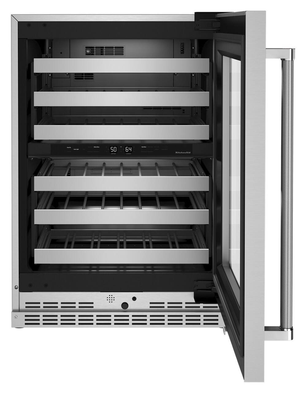 Left. KitchenAid - 46-Bottle Dual-Zone Wine Cellar with Glass Door and Metal-Front Racks - Stainless Steel.