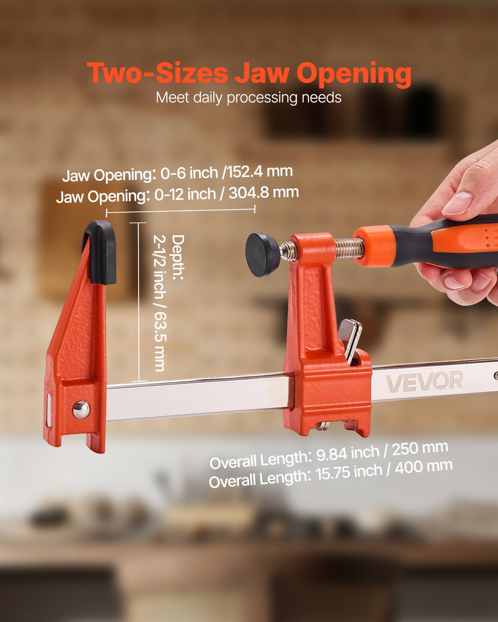 Two-Sizes Jaw Opening  
Meet daily processing needs  

Jaw Opening: 0-6 inch / 152.4 mm  
Jaw Opening: 0-12 inch / 304.8 mm  

Depth: 2-1/2 inch / 63.5 mm  

Overall Length: 9.84 inch / 250 mm  
Overall Length: 15.75 inch / 400 mm
