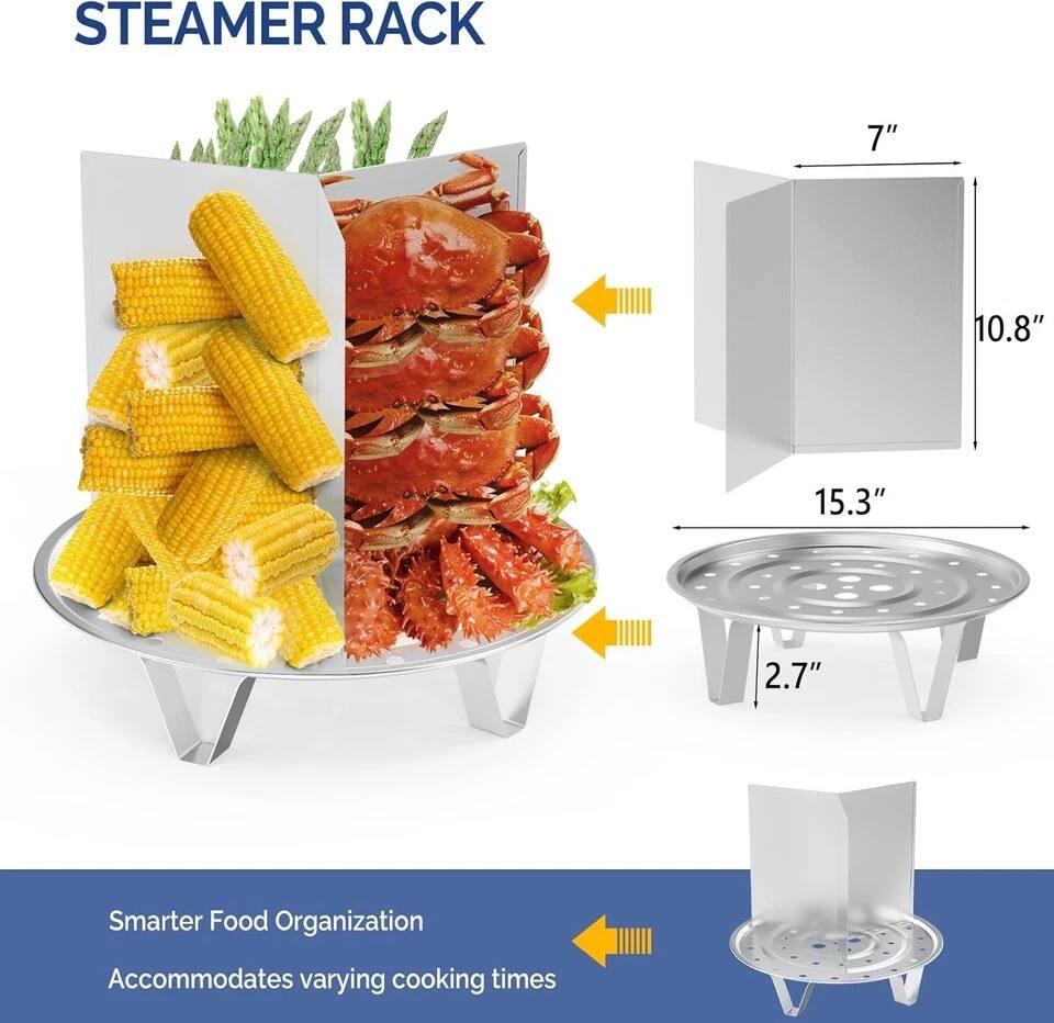 STEAMER RACK

7"  
10.8"  
15.3"  
2.7"

Smarter Food Organization  
Accommodates varying cooking times