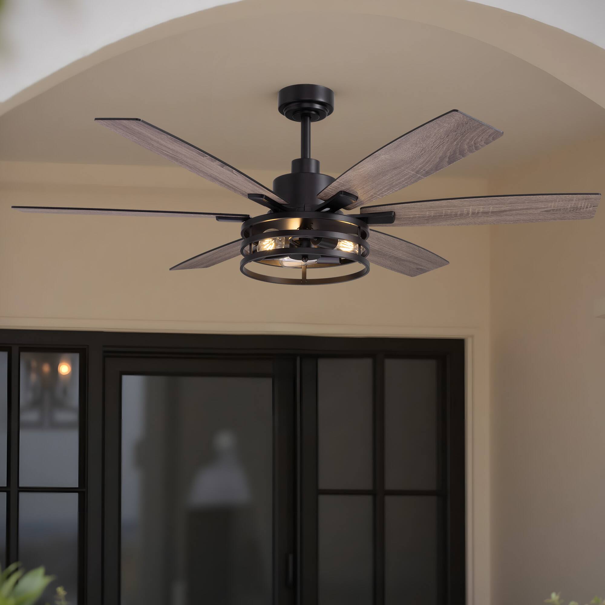 Left. Siljoy - 60-Inch Matte Black Farmhouse Cage Ceiling Fan with Light 6 Big Dual Color Blades for Living Room Bedroom Kitchen Patio - Black.