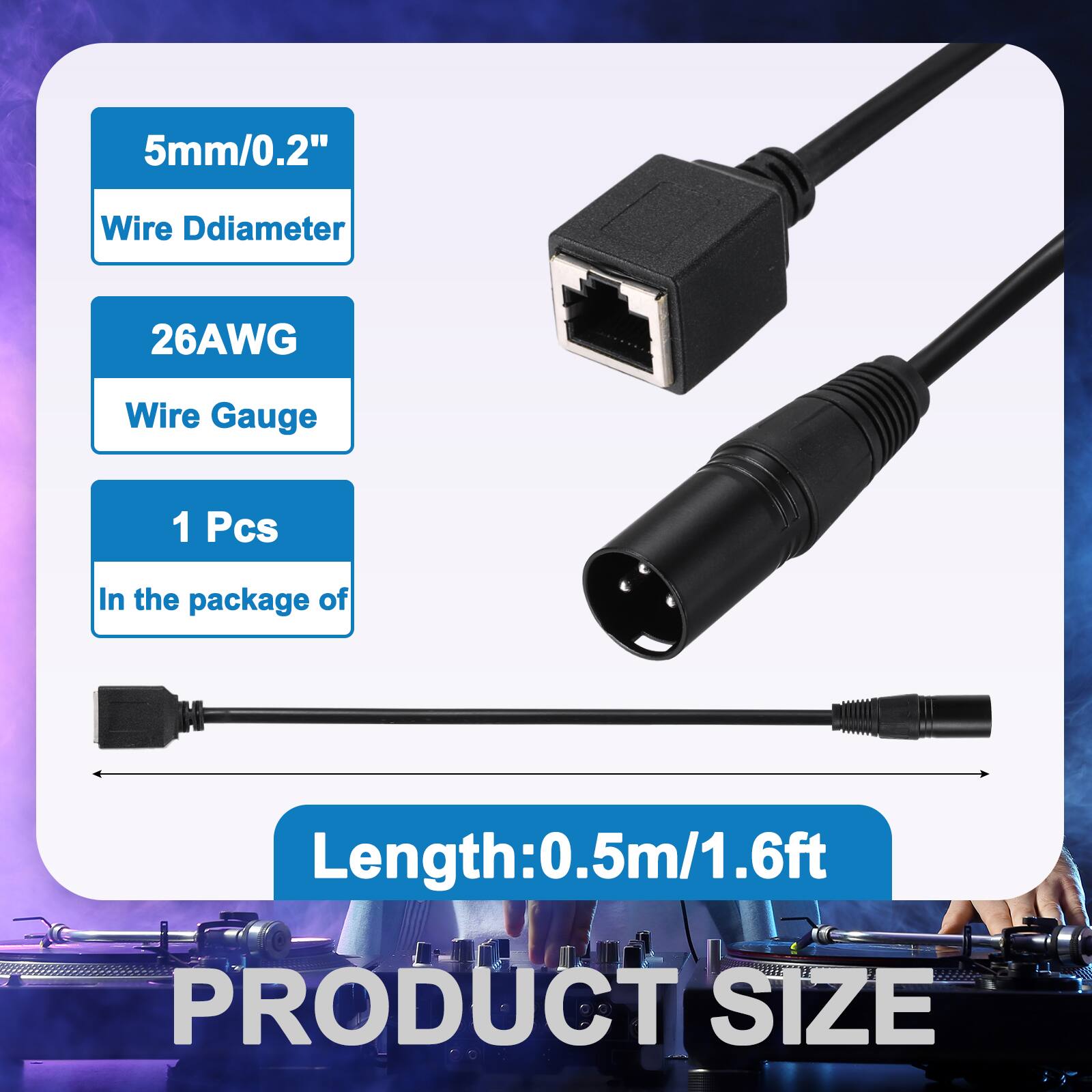 5mm/0.2" Wire Diameter  
26AWG Wire Gauge  
1 Pcs  
In the package of  
Length: 0.5m/1.6ft  
PRODUCT SIZE