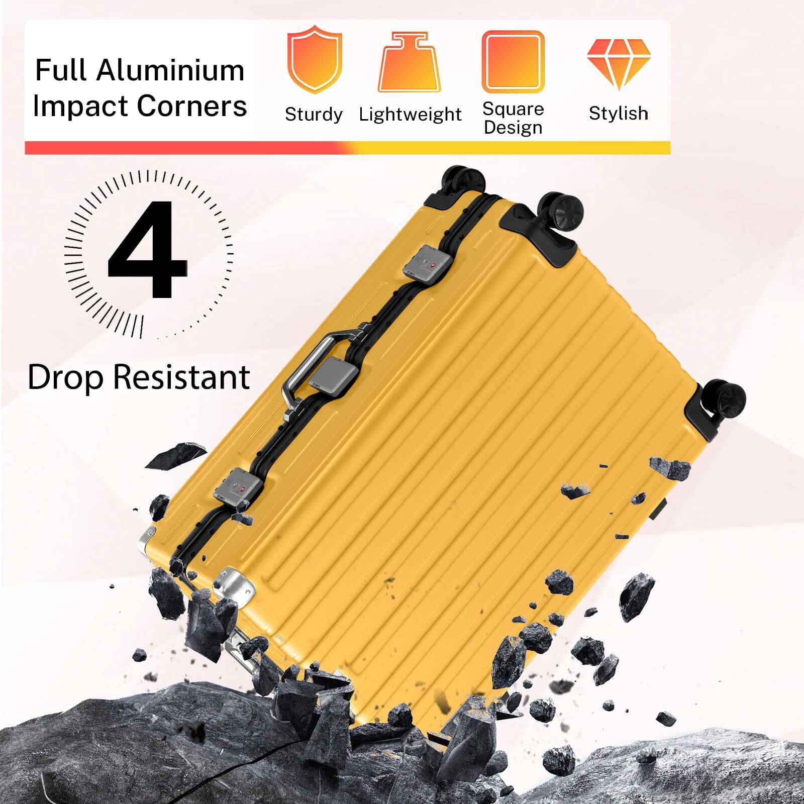 Full Aluminium Impact Corners  
Sturdy Lightweight Square Design Stylish  
4 Drop Resistant