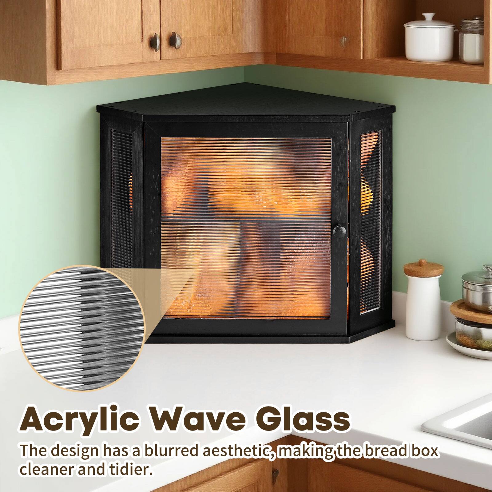 Acrylic Wave Glass  
The design has a blurred aesthetic, making the bread box cleaner and tidier.
