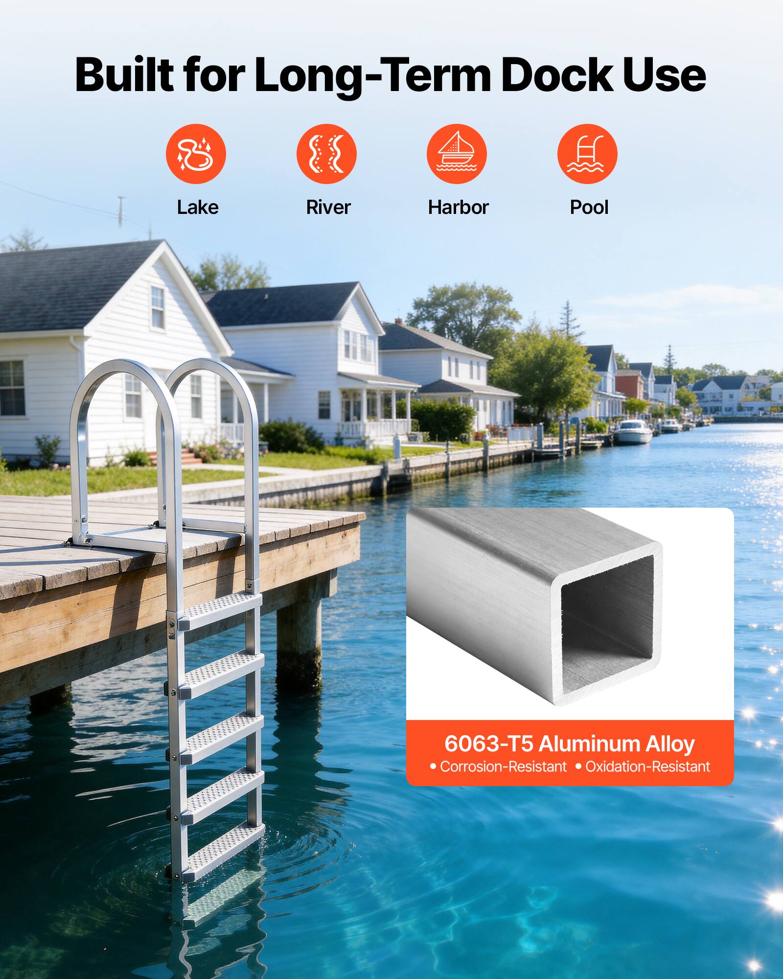 Built for Long-Term Dock Use

Lake  
River  
Harbor  
Pool

6063-T5 Aluminum Alloy  
• Corrosion-Resistant  
• Oxidation-Resistant