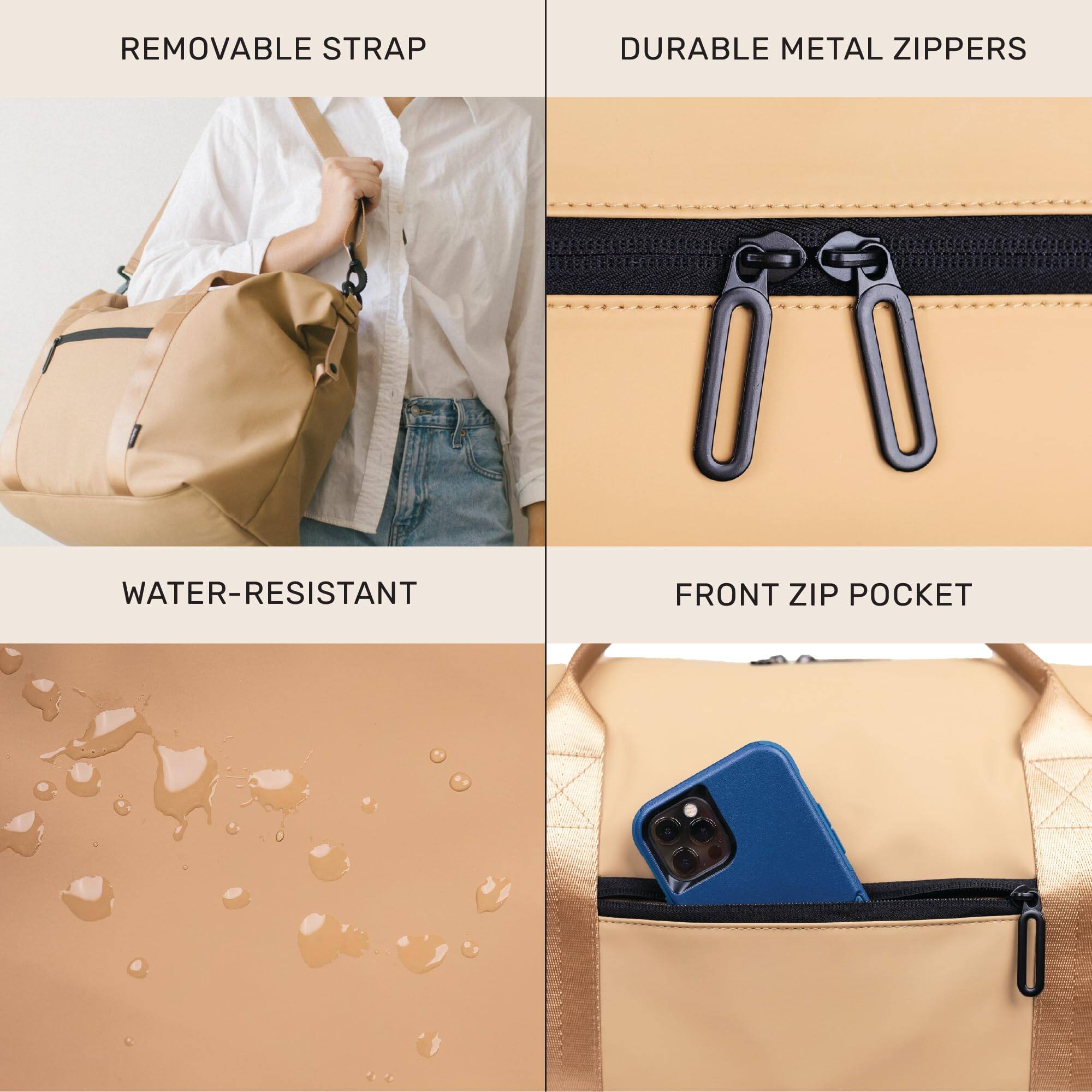 - REMOVABLE STRAP
- DURABLE METAL ZIPPERS
- WATER-RESISTANT
- FRONT ZIP POCKET