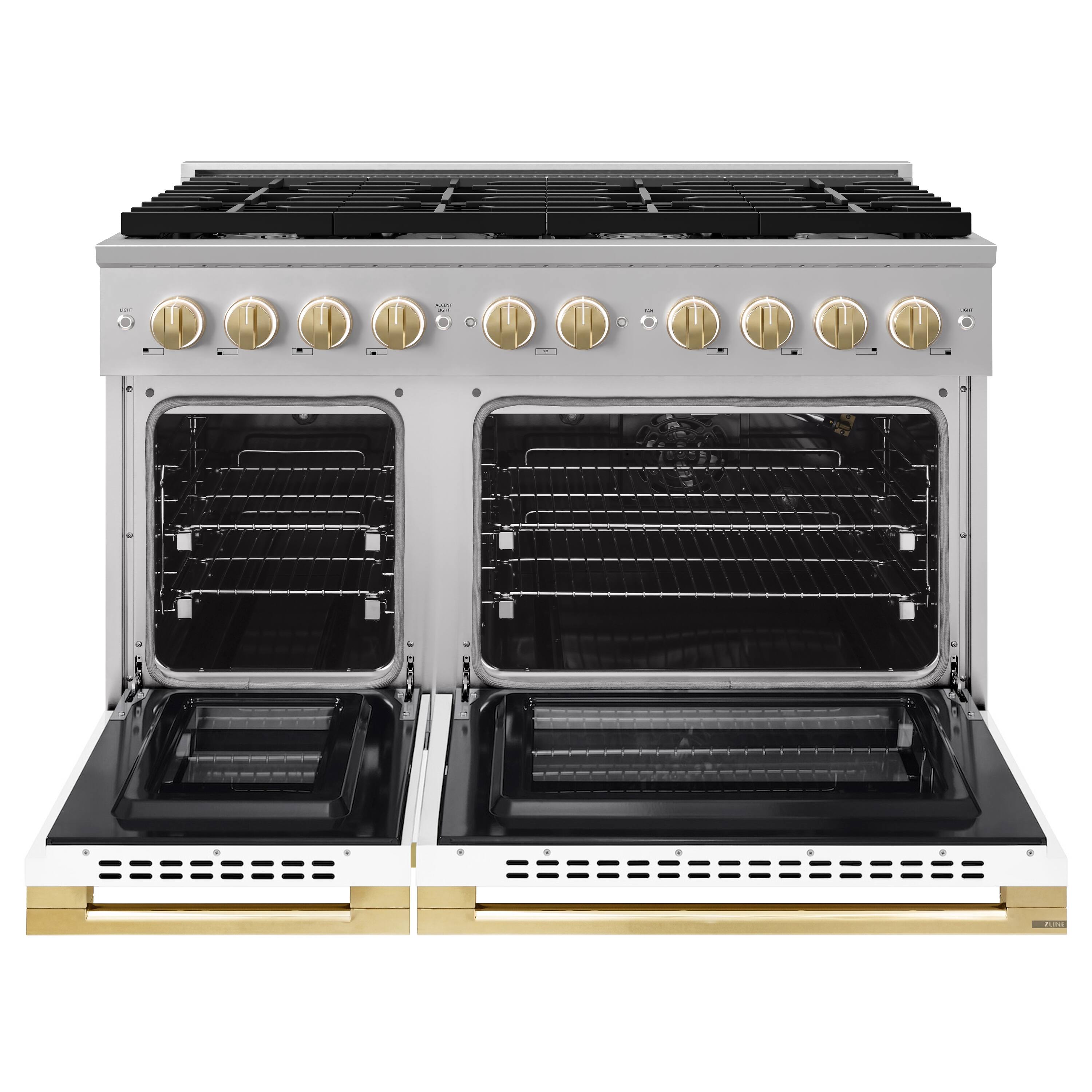 Angle. ZLINE - Autograph 48 in. 6.7 cu. ft. Marino Freestanding Double Oven Gas Range with 8 Burners and Polished Gold Accents - White Matte.