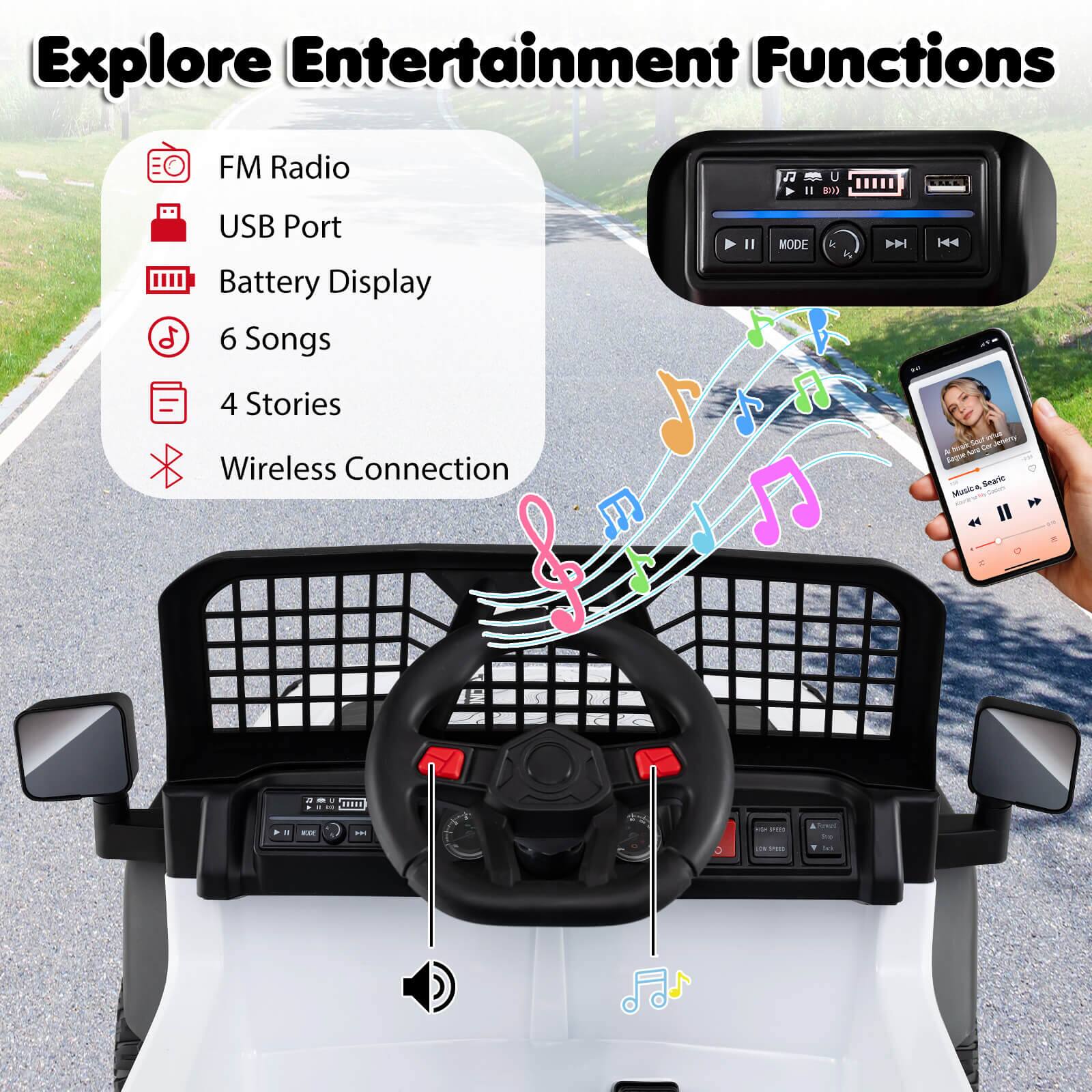 Explore Entertainment Functions

- FM Radio
- USB Port
- Battery Display
- 6 Songs
- 4 Stories
- Wireless Connection
