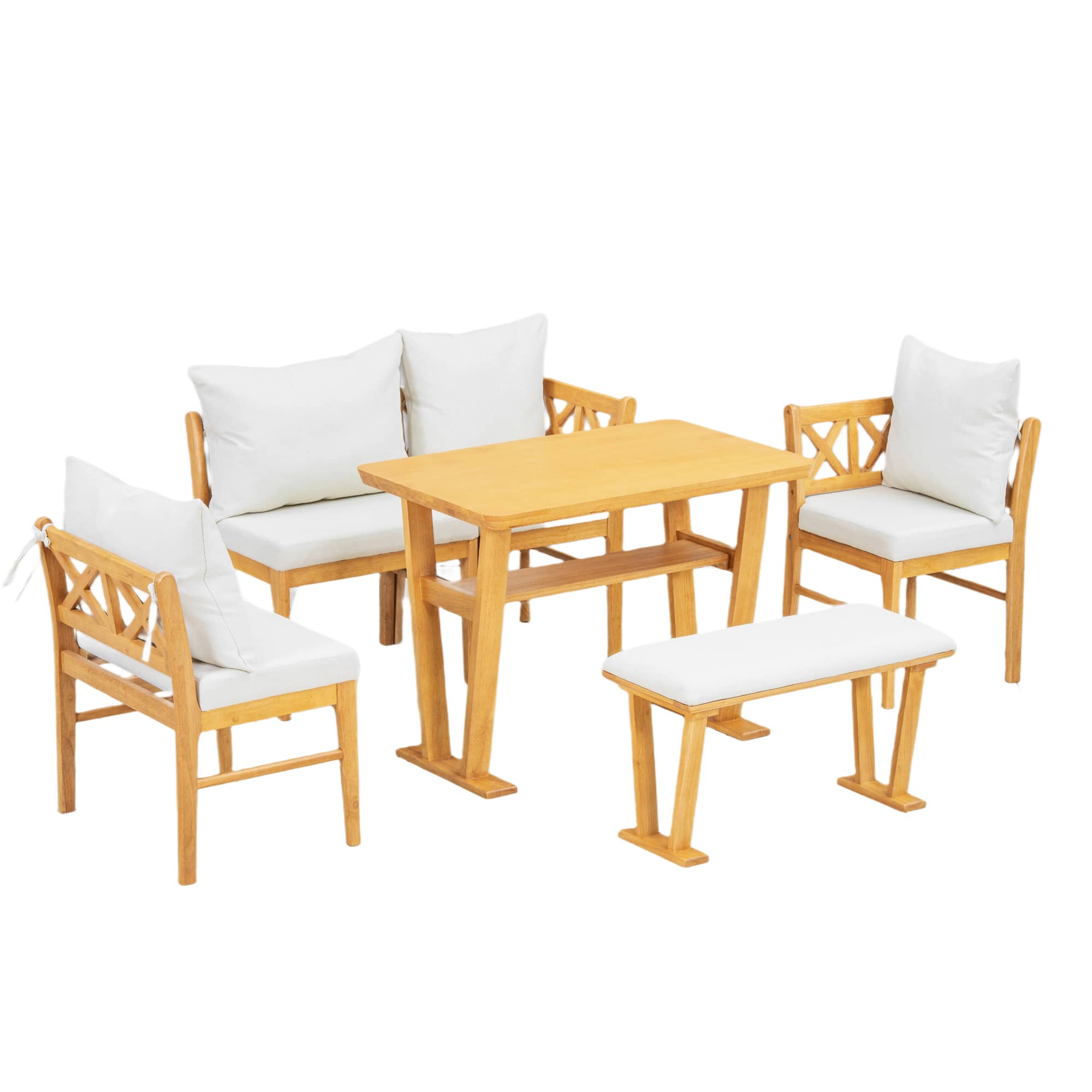TinyHomie - Solid Wood Kitchen Breakfast Nook Table Set for 6 Space Saving High Top Corner Dining Table with Bench and Chairs - Natural and White