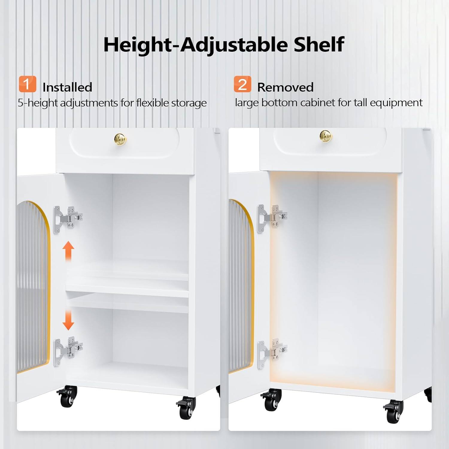 Height-Adjustable Shelf

1. Installed
   - 5-height adjustments for flexible storage

2. Removed
   - large bottom cabinet for tall equipment