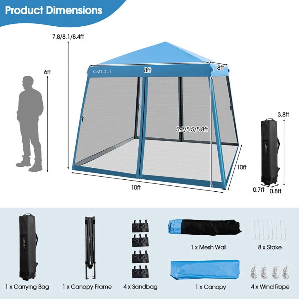 Product Dimensions

- 7.8/8.1/8.4ft
- 6ft
- 8ft
- 5.2/5.5/5.8ft
- 10ft
- 3.8ft
- 0.7ft
- 0.8ft

Included Items

- 1 x Mesh Wall
- 8 x Stake
- 1 x Carrying Bag
- 1 x Canopy Frame
- 4 x Sandbag
- 1 x Canopy
- 4 x Wind Rope