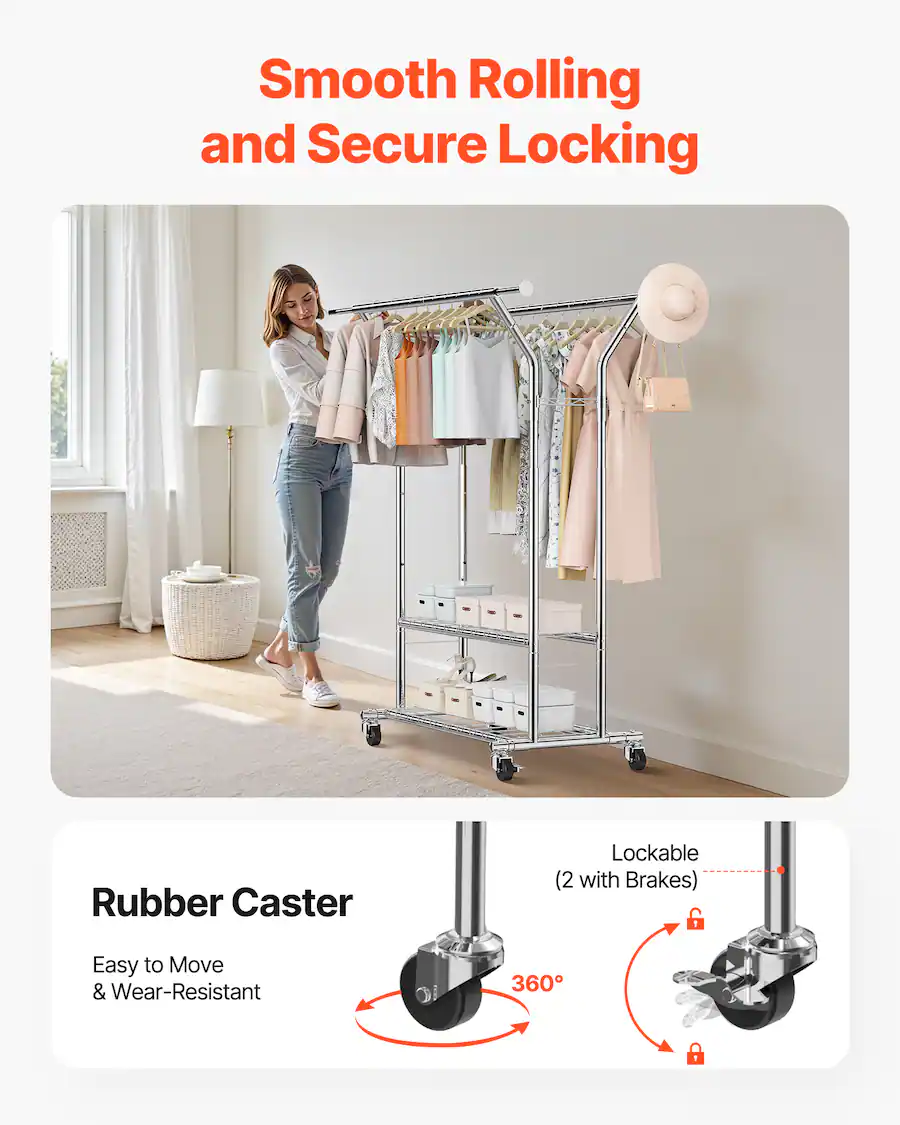 Coming Rod Racks VEVOR Clothes Rack, Rolling Clothing Garment Rack with 2 Hanging Rods ...