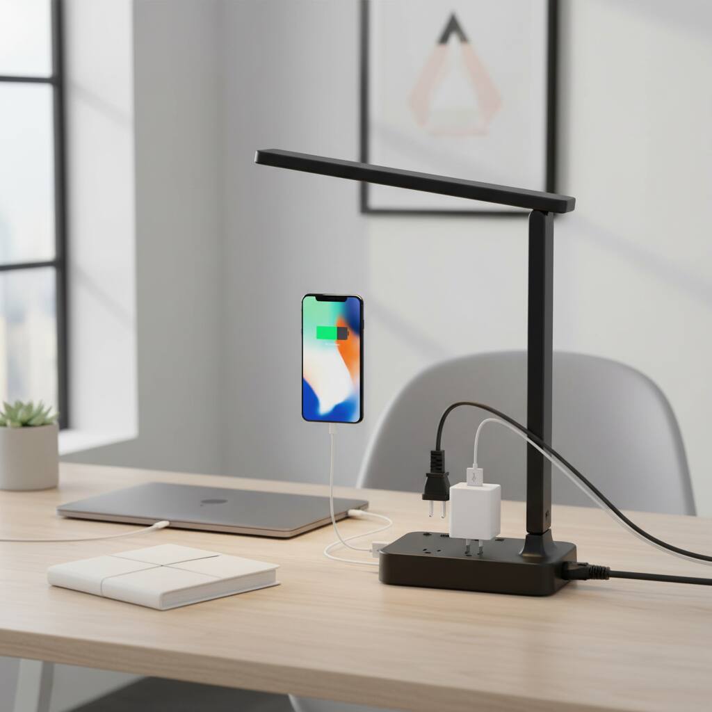 Left. Dazzed Corner - LED Desk Lamp for Dorm & Office, 1 USB Port, 2 AC Outlets, 3 Modes & Brightness.