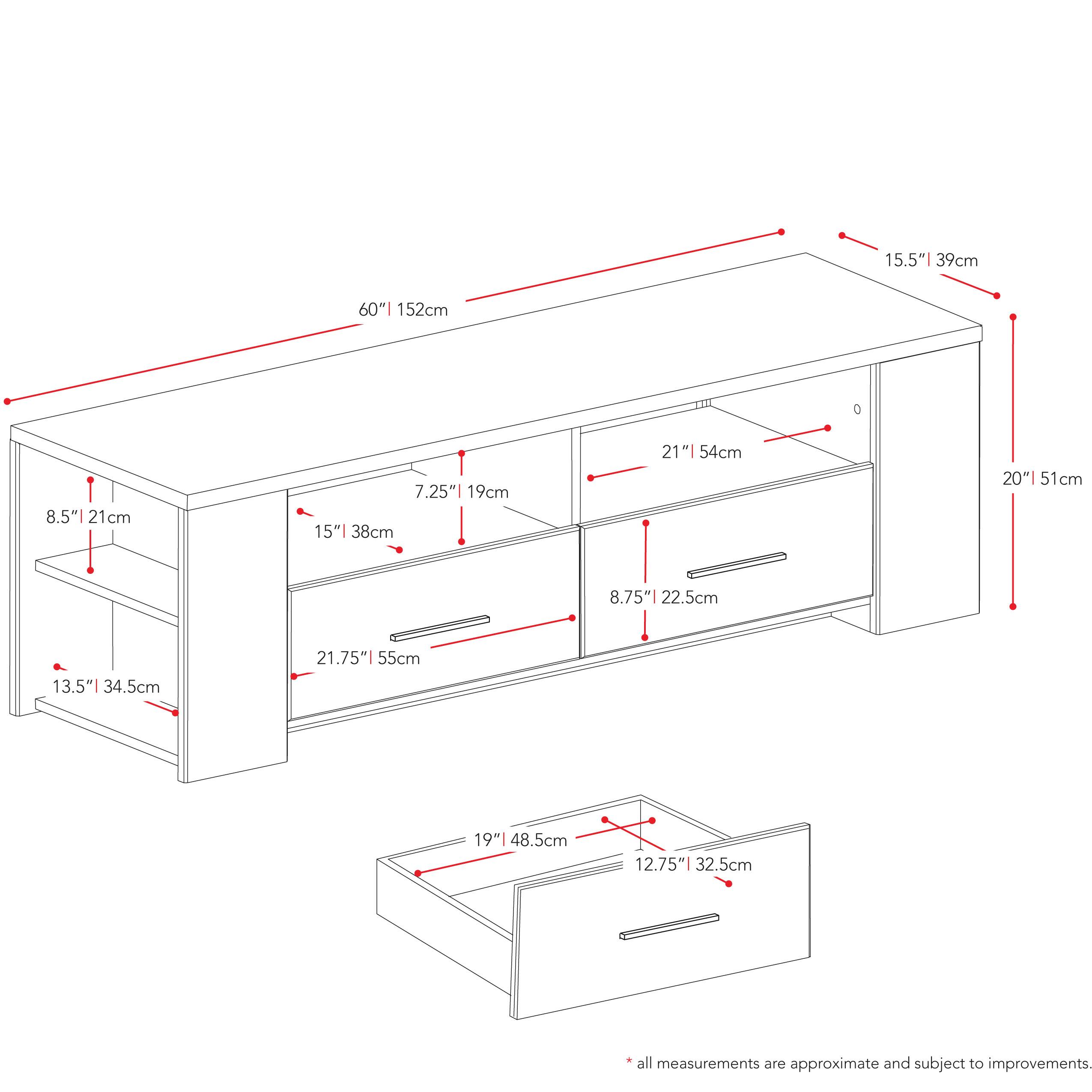 15.5" | 39cm  
60" | 152cm  
8.5" | 21cm  
15" | 38cm  
7.25" | 19cm  
21" | 54cm  
21.75" | 55cm  
13.5" | 34.5cm  
19" | 48.5cm  
12.75" | 32.5cm  
8.75" | 22.5cm  
20" | 51cm  
15.5" | 39cm  

*all measurements are approximate and subject to improvements.