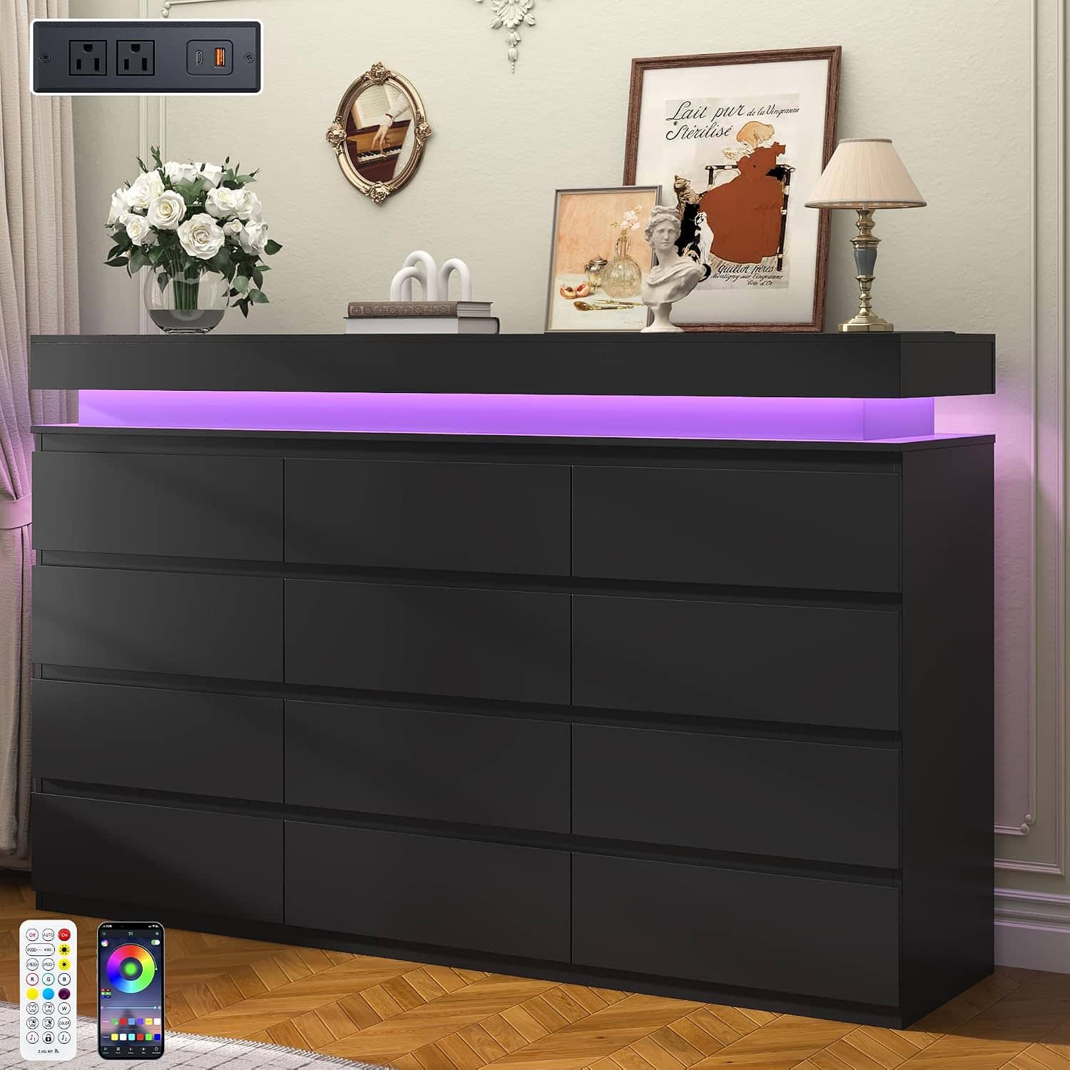 Espafurni - 70"LED Dresser with 12 Drawers for Bedroom, Closet & Living Room - Black