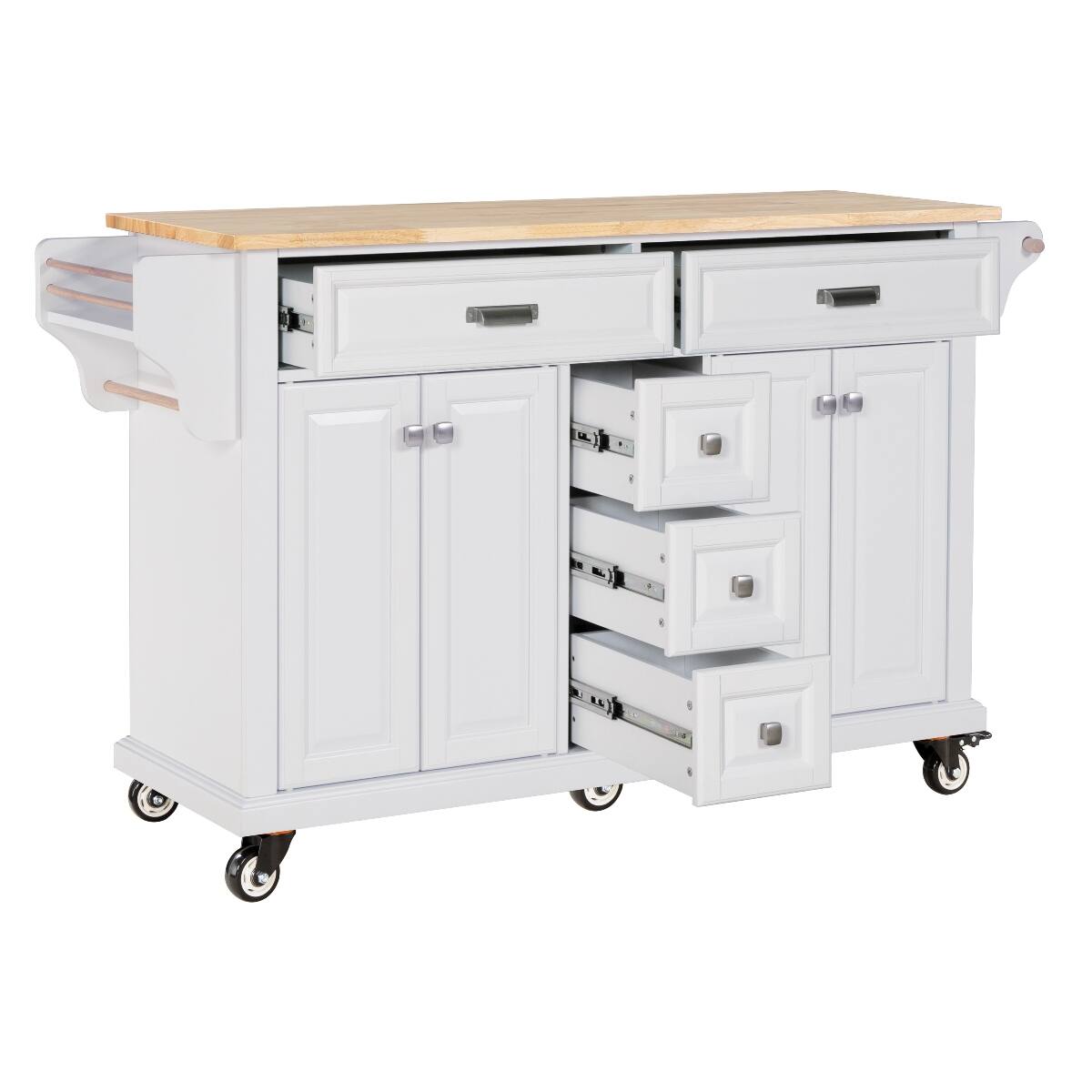 Angle. Loheer - Loheer White Kitchen Island with Wheels Rubberwood Countertop Kitchen Cart - White.
