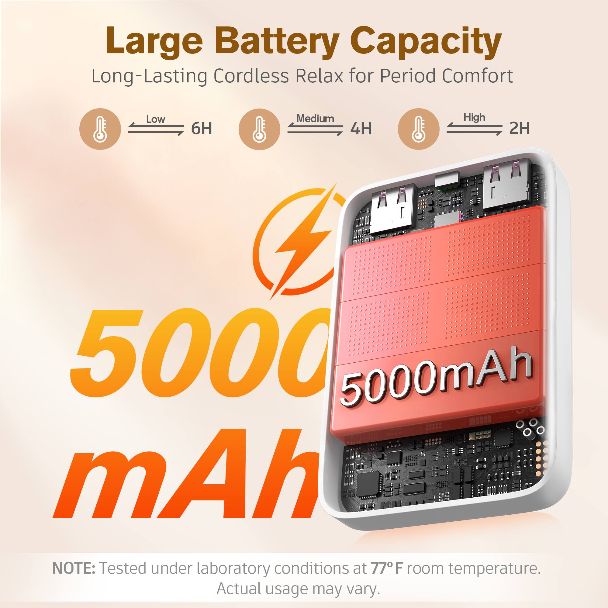 Large Battery Capacity Long-Lasting Cordless Relax for Period Comfort

Low 6H  
Medium 4H  
High 2H  

5000 mAh  

NOTE: Tested under laboratory conditions at 77°F room temperature. Actual usage may vary.