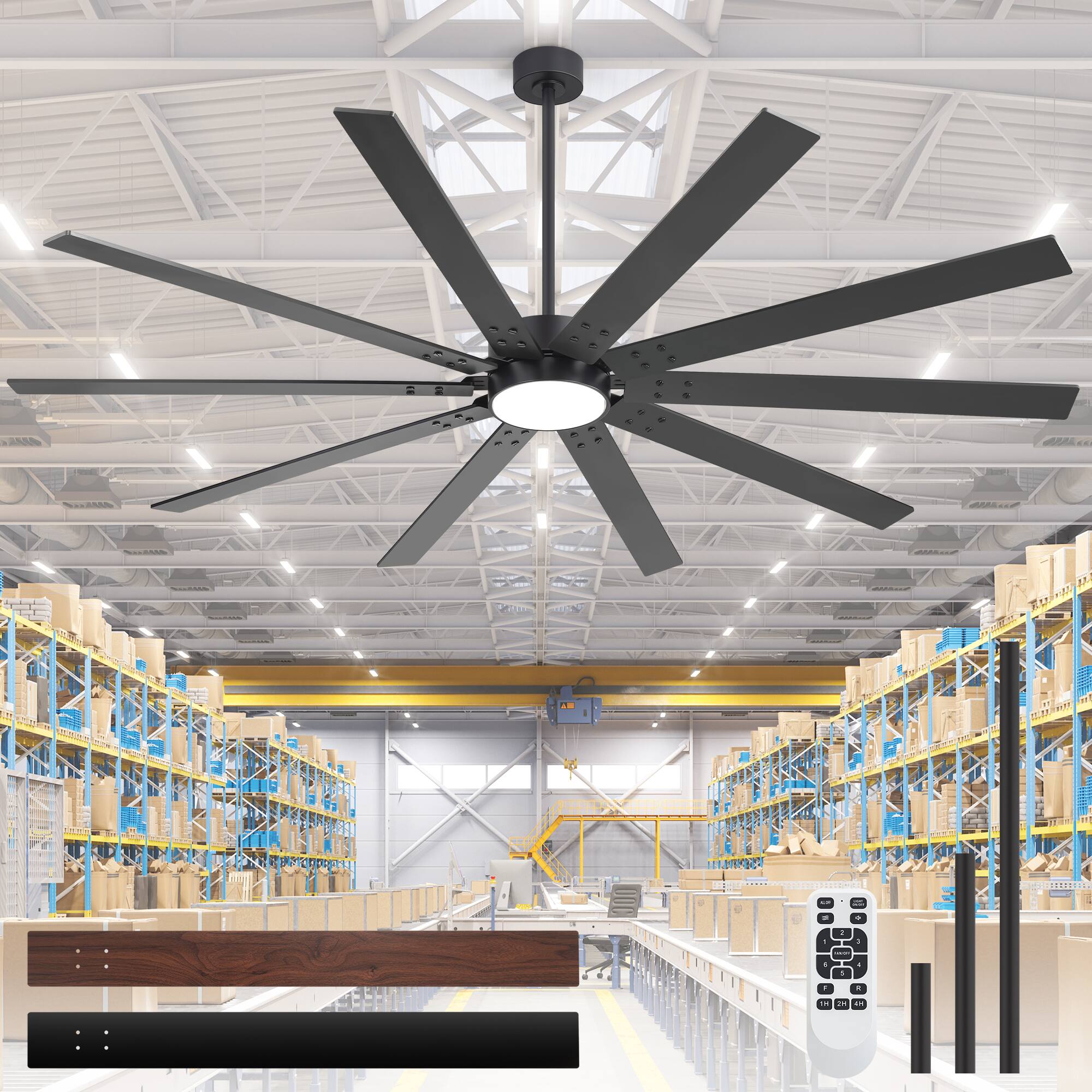 Angle. Breezary - 84-Inch LED Ceiling Fan with 10 Plywood Blades,6/12/24-Inch Downrods, 6-Speed Remote Control - matte black and walnut.