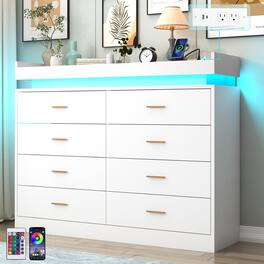 Espafurni - 8 - Drawer Dresser with LED Light & Charging Station - Modern Chest for Bedroom, Living Room, Entryway & Hallway - White