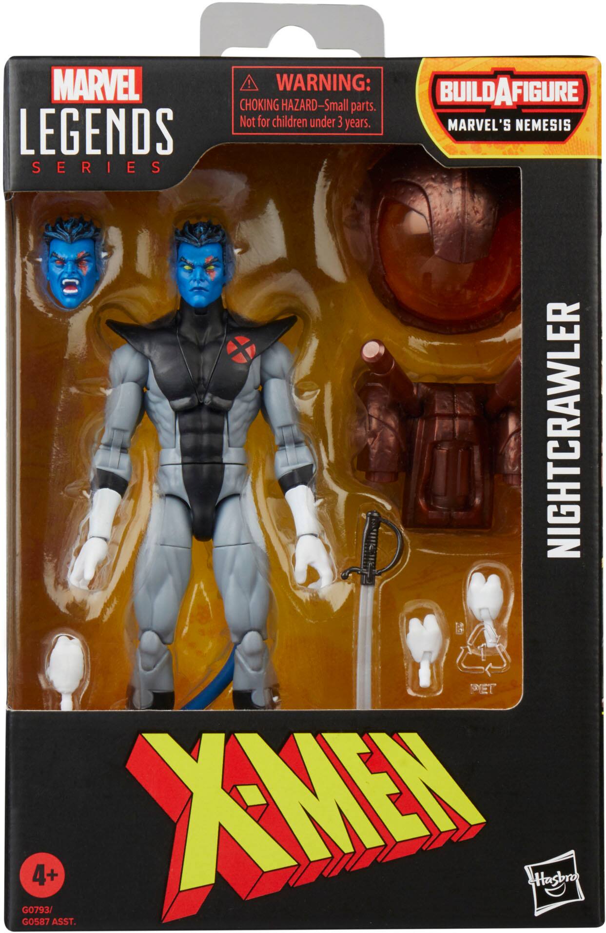 The text on the image is grouped and corrected as follows:

"MARVEL WARNING: BUILDAFIGURE CHOKING HAZARD - Small parts. Not for children under 3 years. Marvel's Nemesis Legends Series Nightcrawler Pet Go793/ 4+ X-Men Hasbro GO587 Assortment."