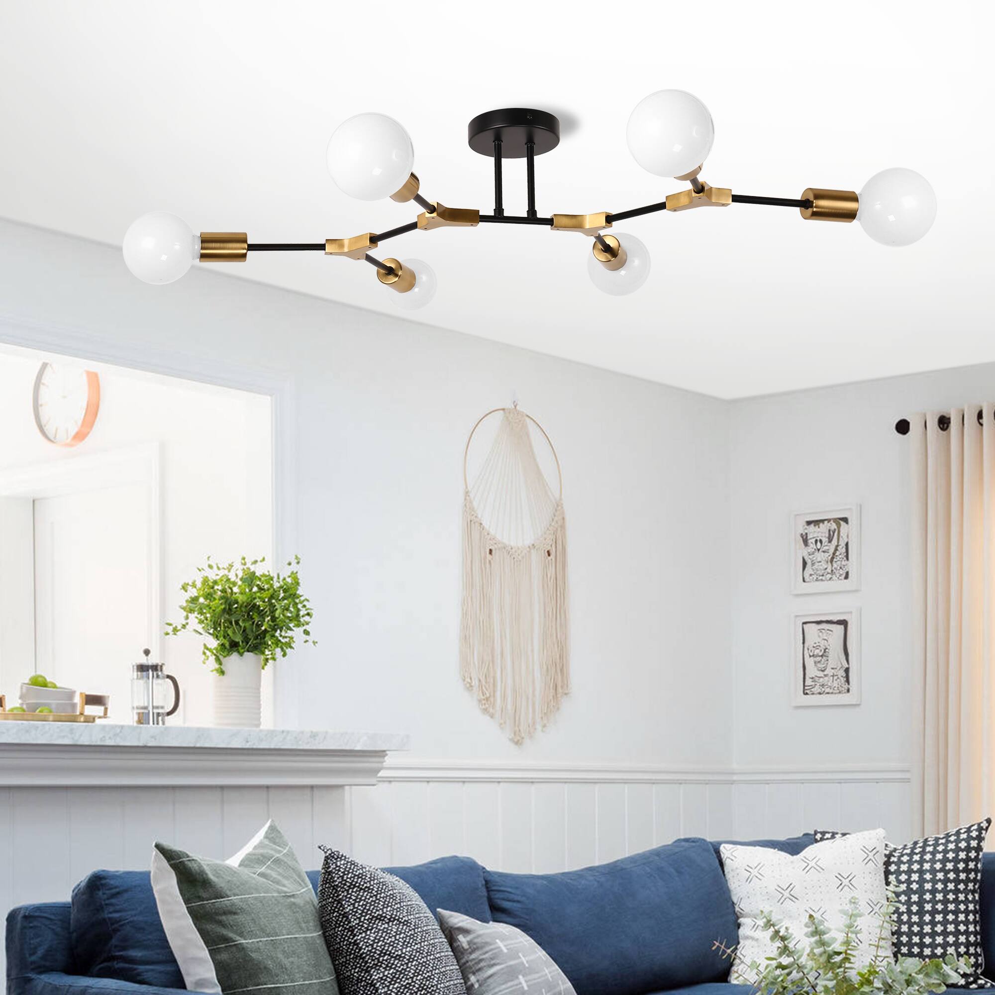 Left. Jandcase - JANDCASE 6-Light Black & Gold Mesh Cage Semi-Flush Mount Ceiling Light, E26 Socket, Non-Integrated Bulbs for Dining Room - Black and Gold.