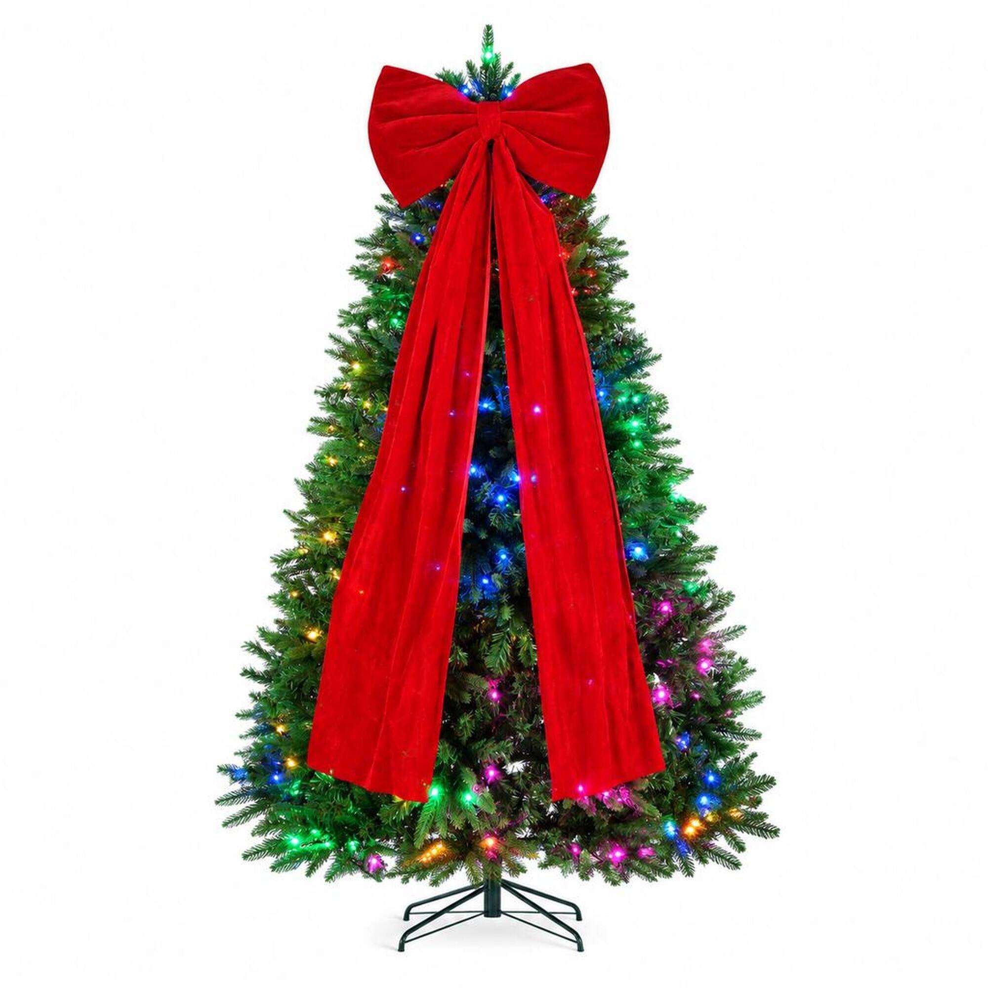Front. RYHNUYNE - 6FT Pre-Lit Aspen Christmas Tree With 300 RGBW Multi-Color LED Lights and App Control, Large Bow - Green.