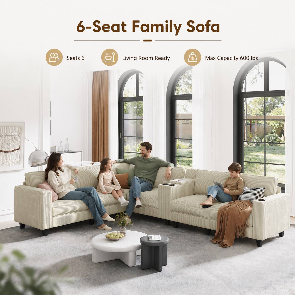 6-Seat Family Sofa - Seats 6 Living Room Ready Max Capacity 600 lbs