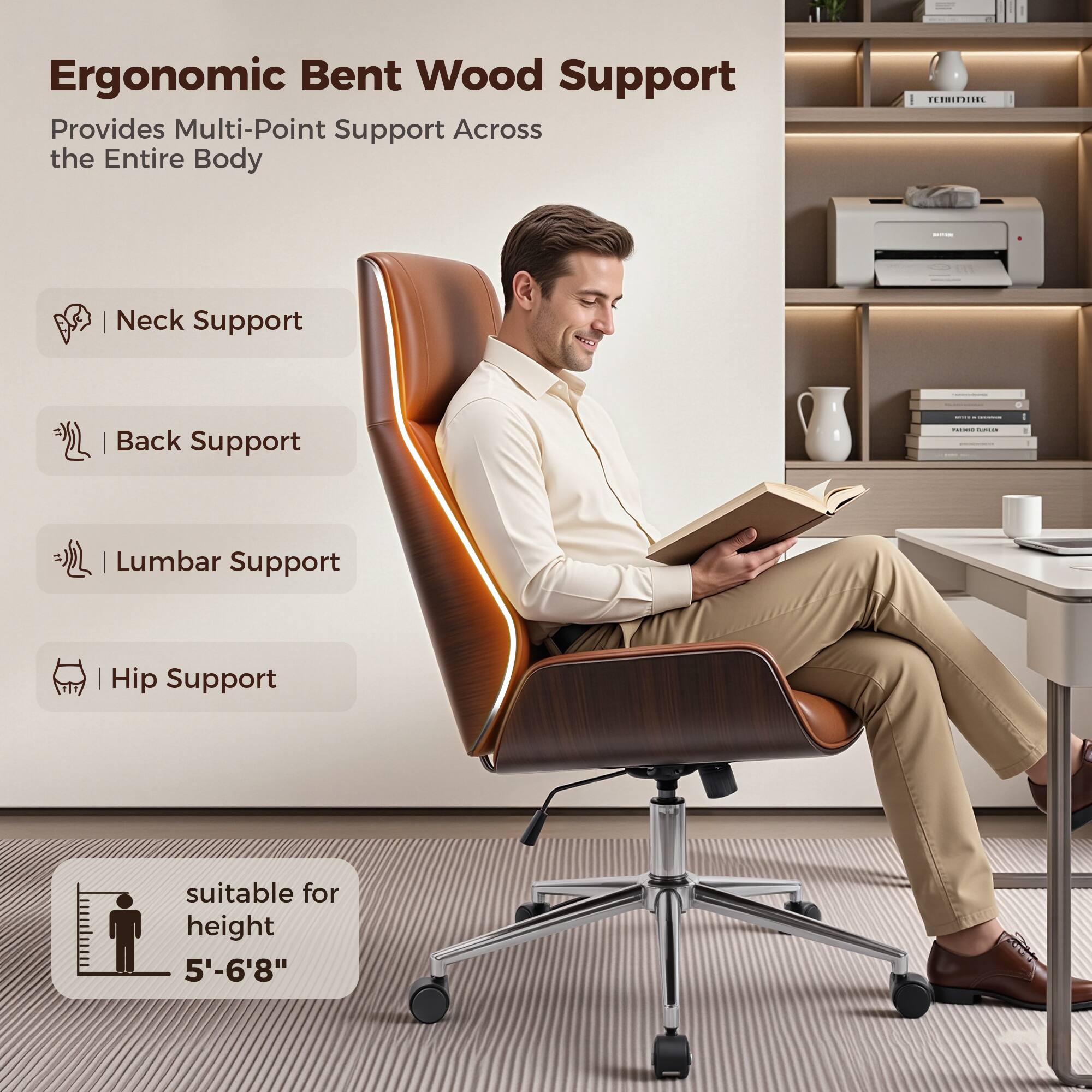Ergonomic Bent Wood Support Provides Multi-Point Support Across the Entire Body

- Neck Support
- Back Support
- Lumbar Support
- Hip Support

suitable for height 5'-6'8"