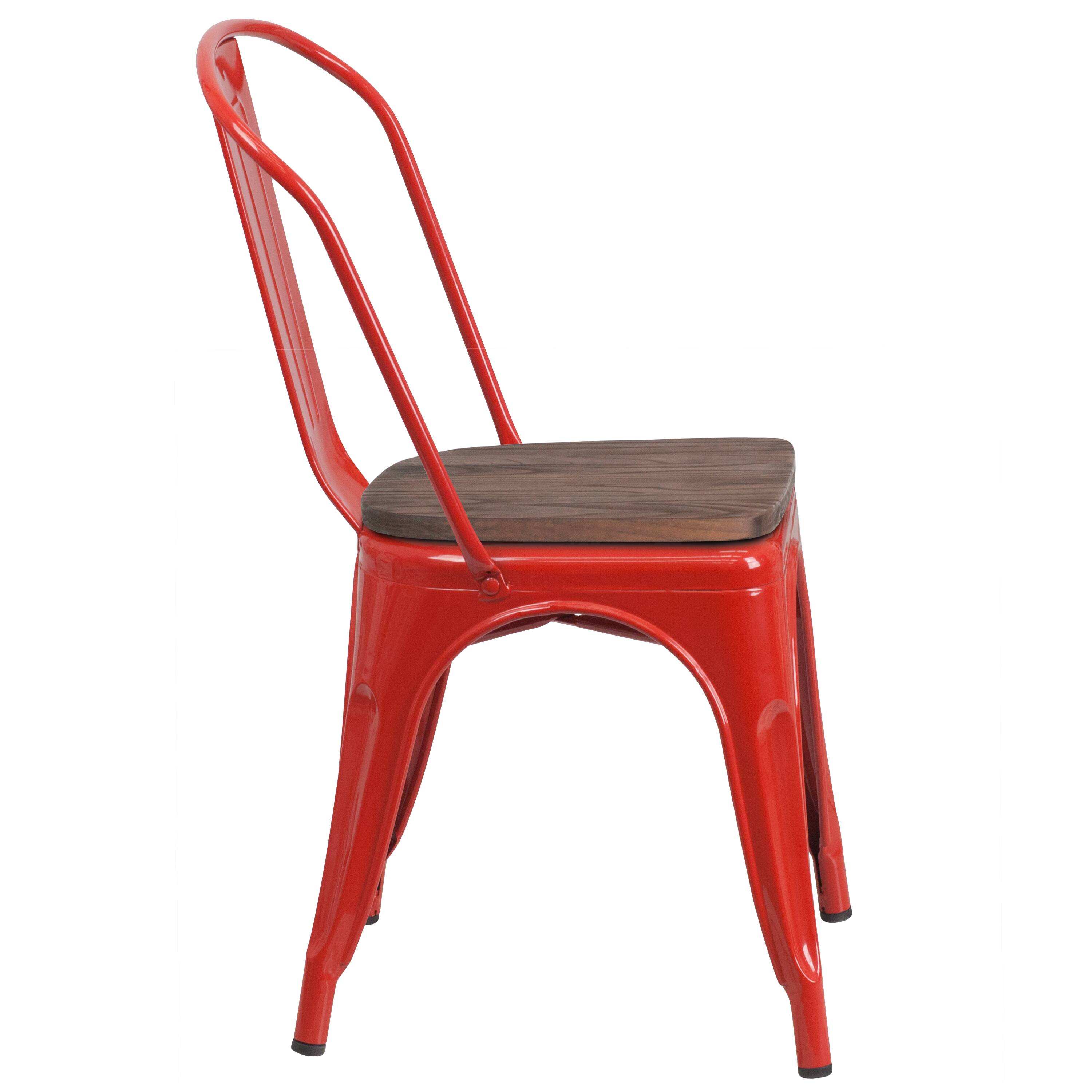 Alt View 5. Emma + Oliver - Colorful Metal Stackable Dining Chair with Wood Seat - Red.