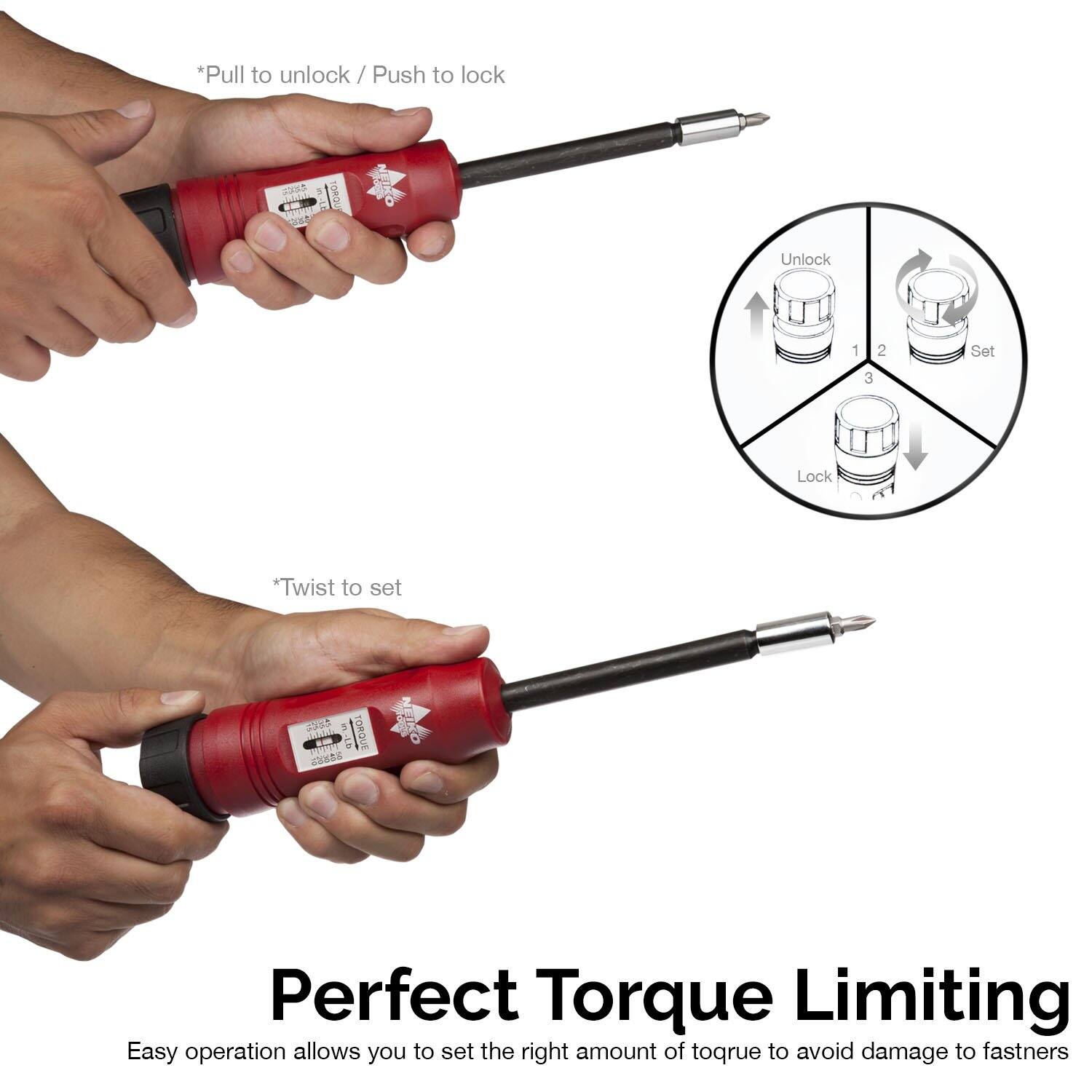 *Pull to unlock / Push to lock  
*Twist to set  

Perfect Torque Limiting  
Easy operation allows you to set the right amount of torque to avoid damage to fasteners