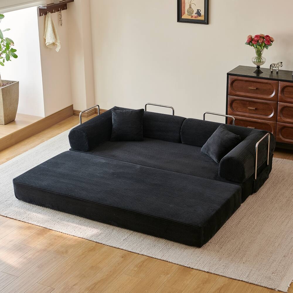 Alt View 3. Loheer - Loheer 78.8" Compression Sofa Convertible Floor Sofa Bed Black Corduroy Futon Couch Sleeper Modular Sectional Sofa - Black.